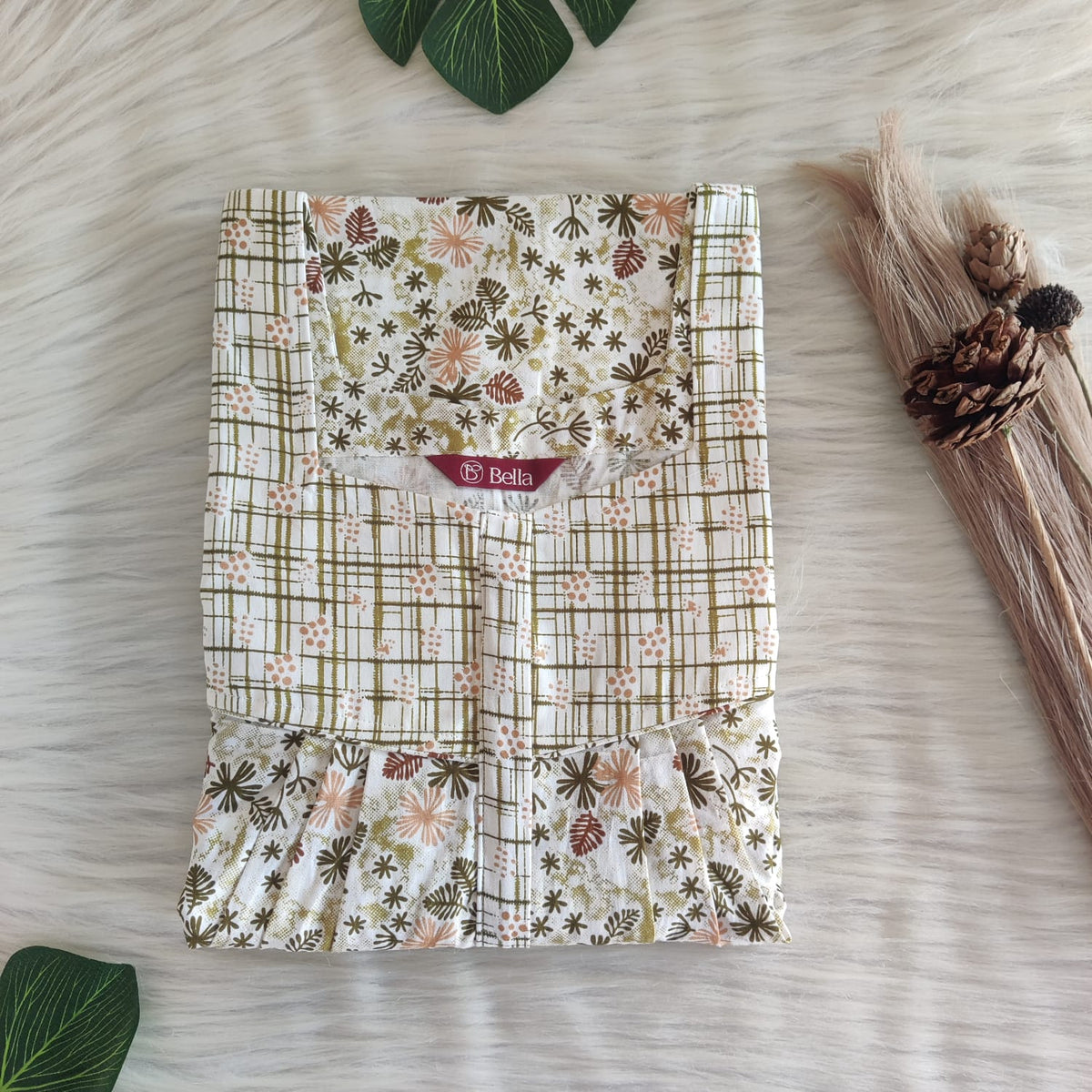 White And Green Floral Premium Cotton Square Neck Pleated Nighty | Free Size | Chest Width 44″| Length 55″-56″