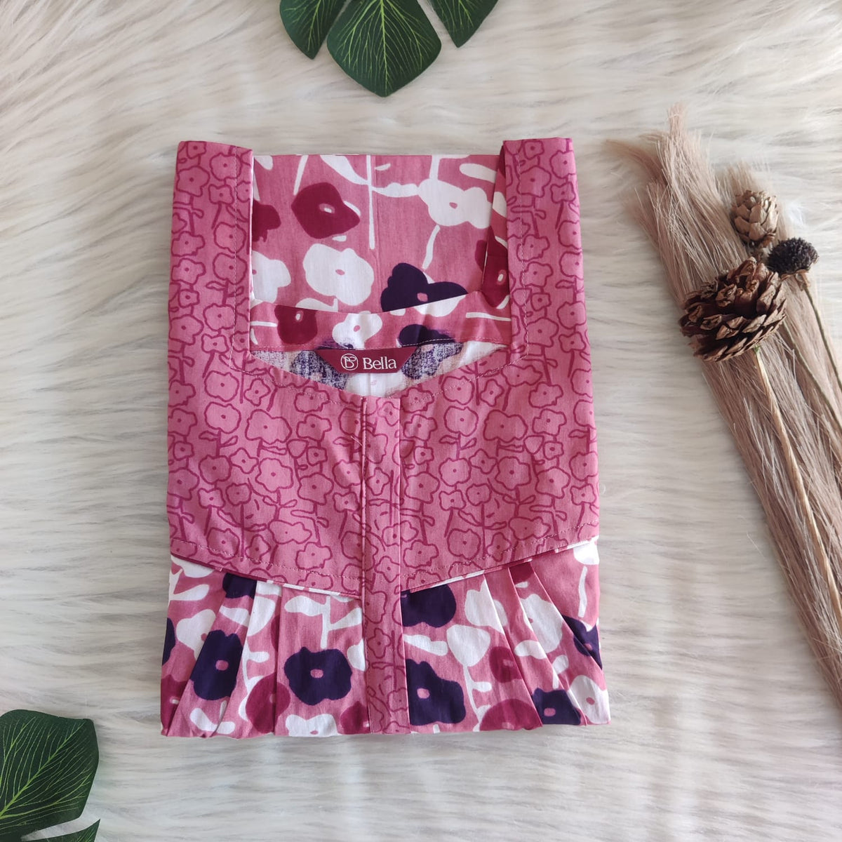 Peach And Violet Floral Premium Cotton Square Neck Pleated Nighty | Free Size | Chest Width 44″| Length 55″-56″