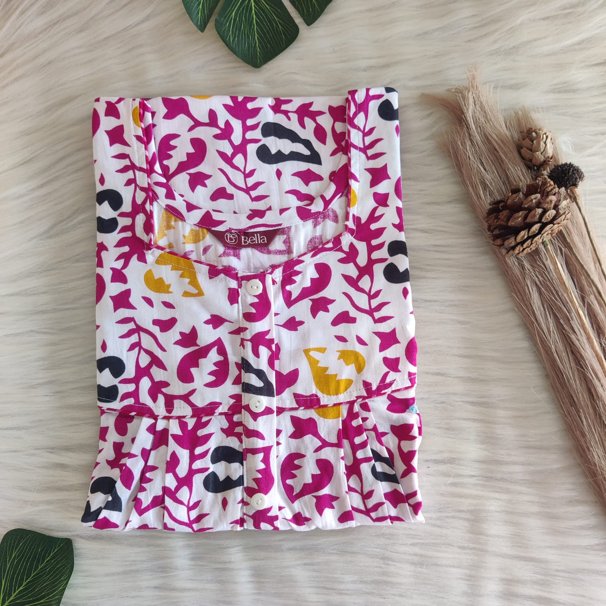 White And Pink Leaf Printed Premium Cotton Button Zip Nighty | Free Size | Chest Width 44″| Length 55″-56″