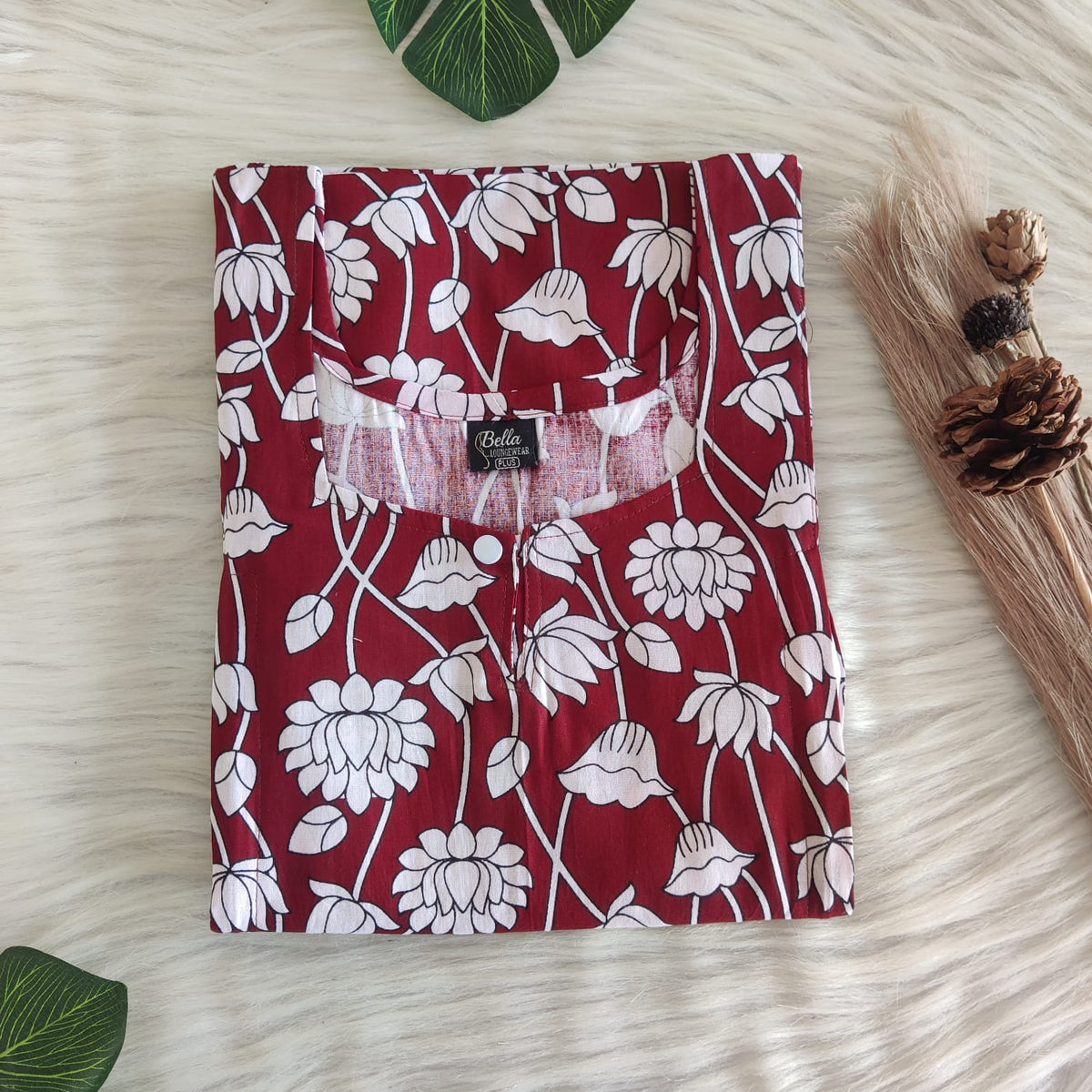 Maroon And White Floral Printed Premium Cotton Plus Size Aline Cut Vertical Zip Feeding Nighty | Chest Width 50″| Length 54″-56″
