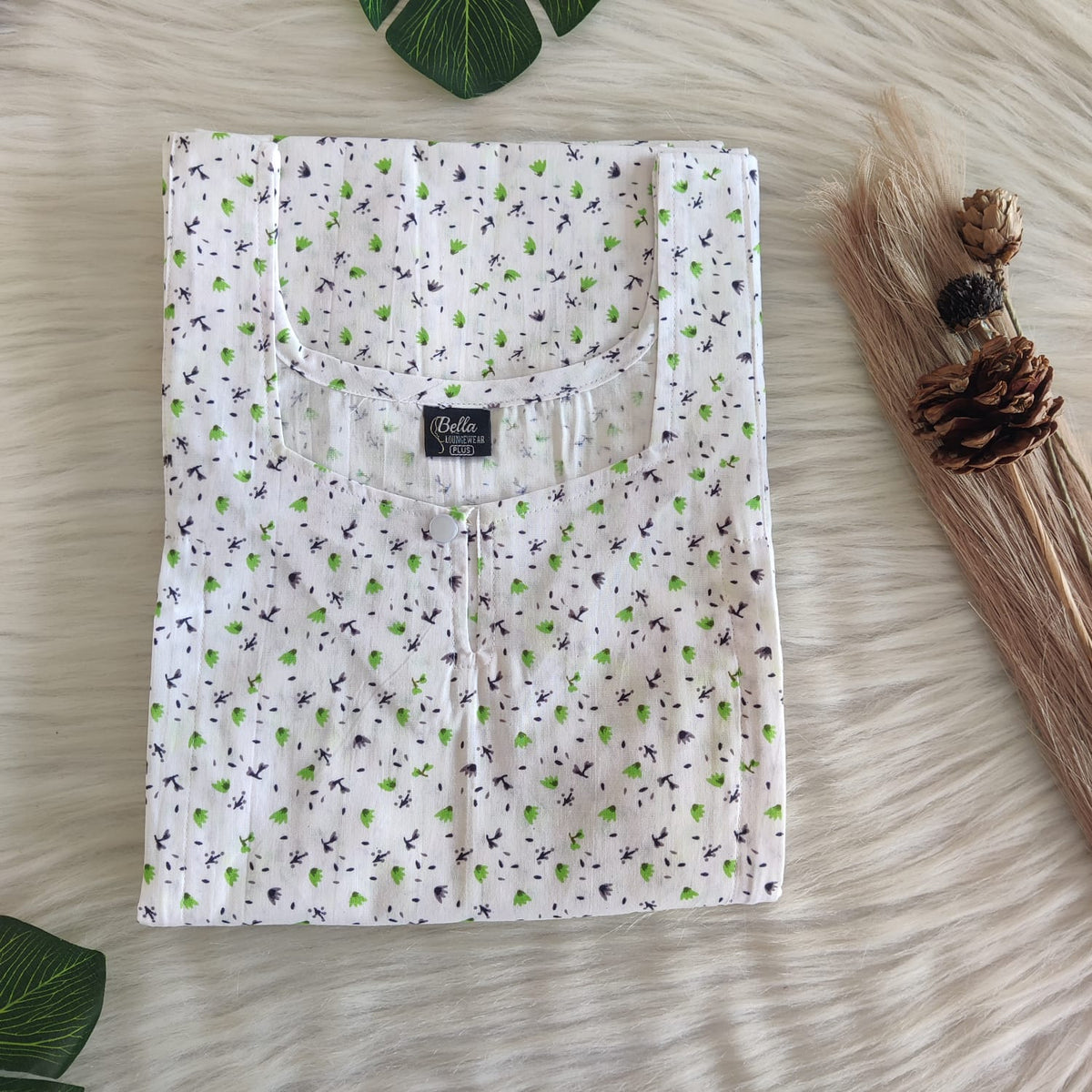 White And Green Floral Printed Premium Cotton Plus Size Aline Cut Vertical Zip Feeding Nighty | Chest Width 50″| Length 54″-56″