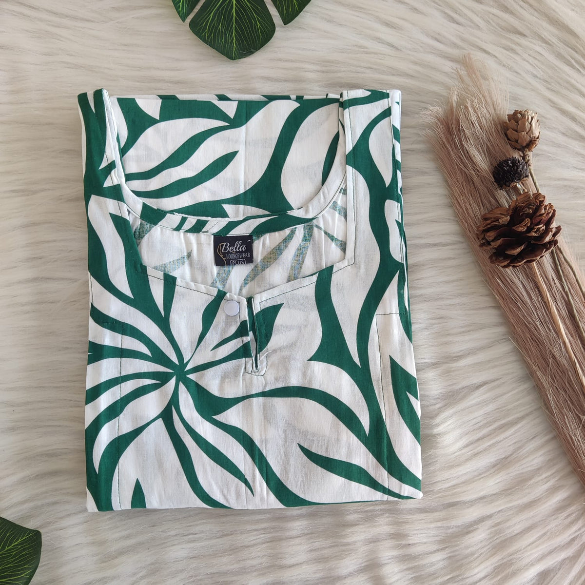 White Printed Green Premium Cotton Plus Size Aline Cut Vertical Zip Feeding Nighty | Chest Width 50″| Length 54″-56″