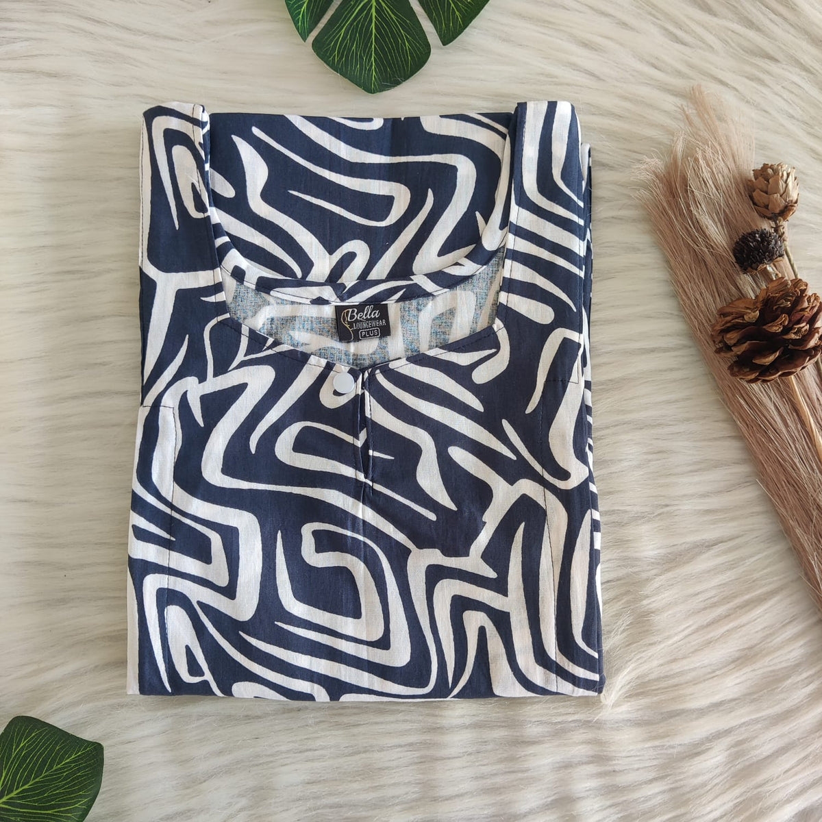 Navy Blue And White Printed Premium Cotton Plus Size Aline Cut Vertical Zip Feeding Nighty | Chest Width 50″| Length 54″-56″