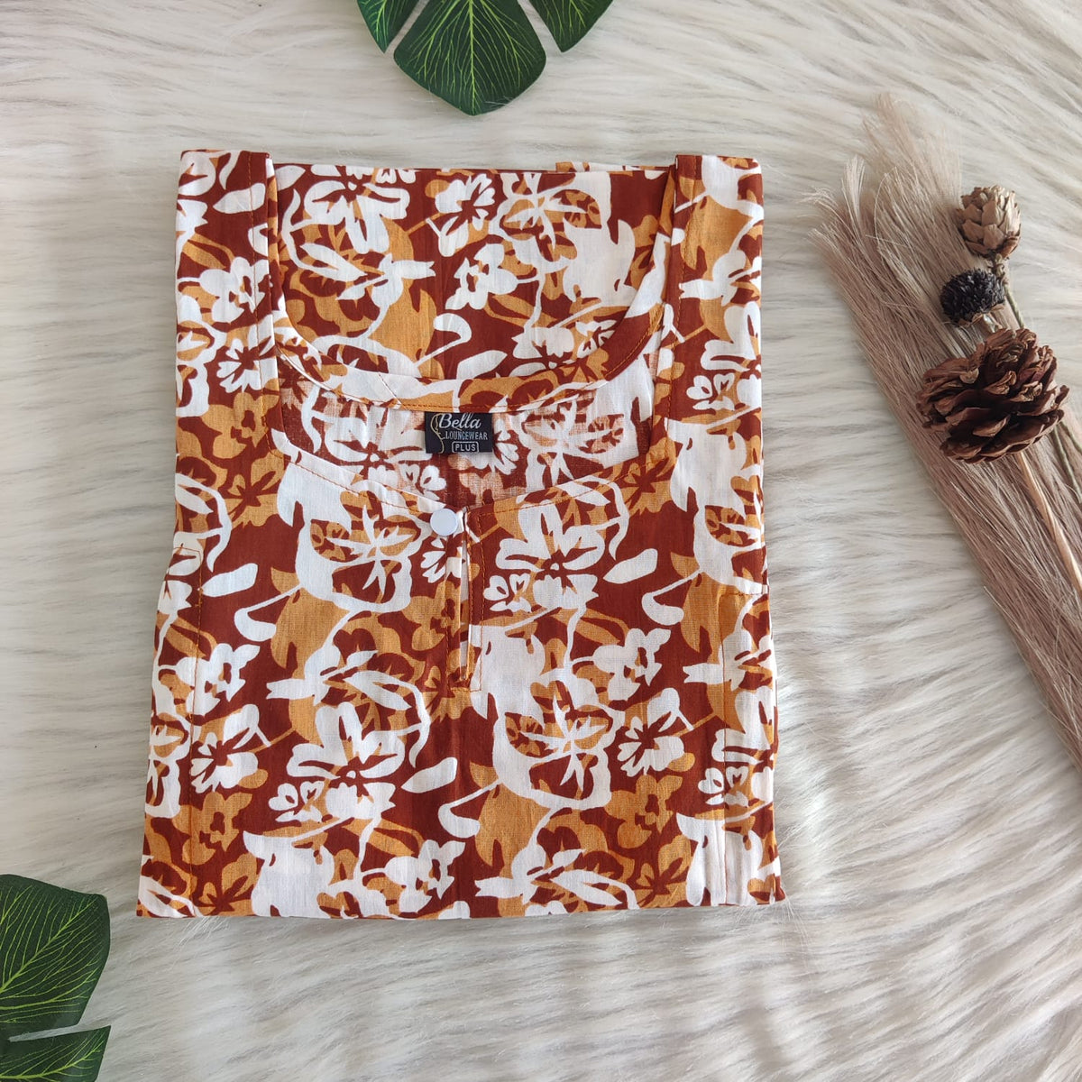 Brown Printed Premium Cotton Plus Size Aline Cut Vertical Zip Feeding Nighty | Chest Width 50″| Length 54″-56″