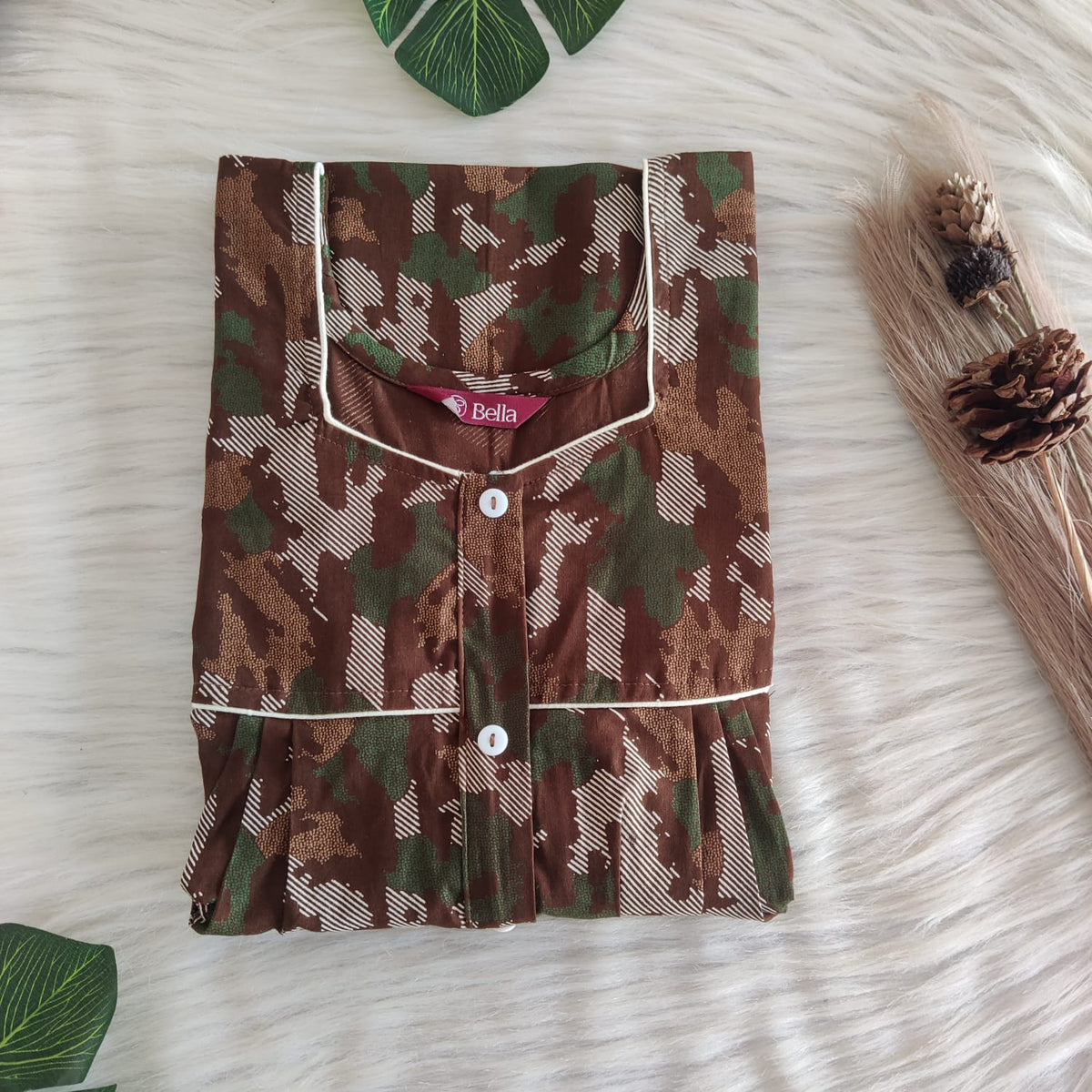 Brown Printed Discharge Cotton Button Zip Nighty | Free Size | Chest Width 44″| Length 55″-56″