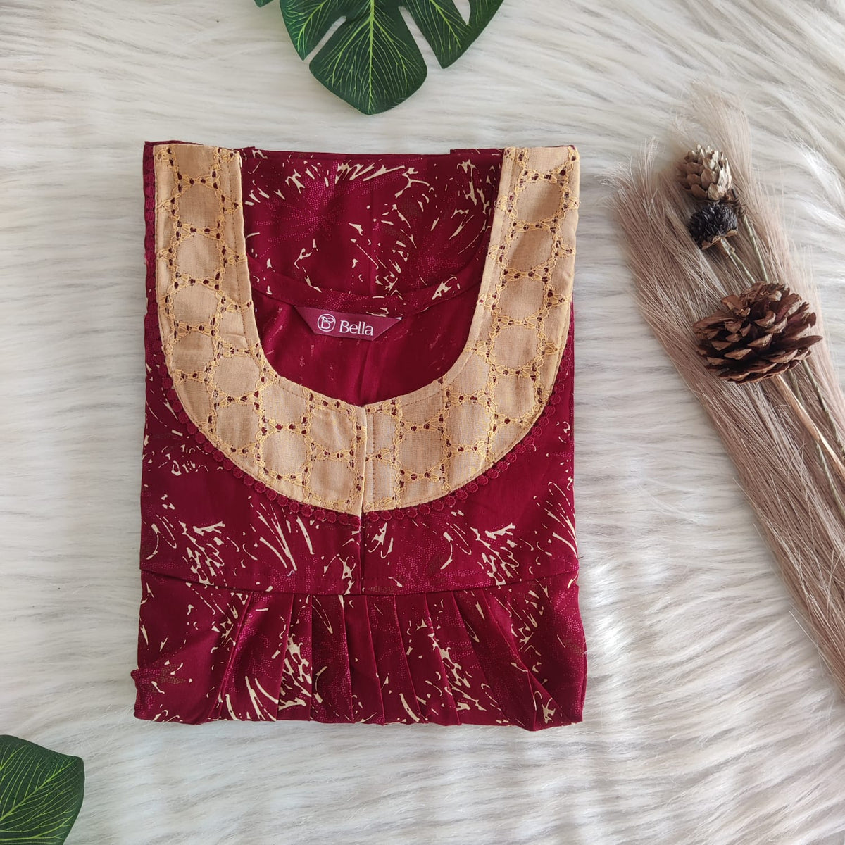Maroon Printed Premium Cotton Hakoba Lace Nighty | Free Size | Chest Width 44″| Length 54″-56″