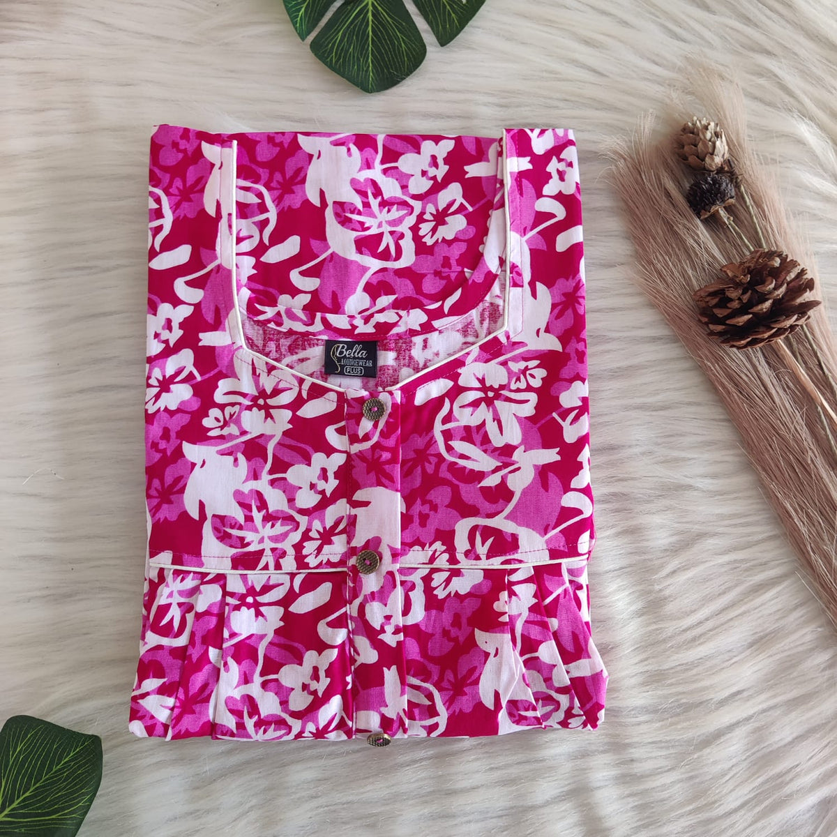 White Floral Printed Pink Premium Cotton Plus Size Button Zip Nighty | Chest Width 50″| Length 55″-56″