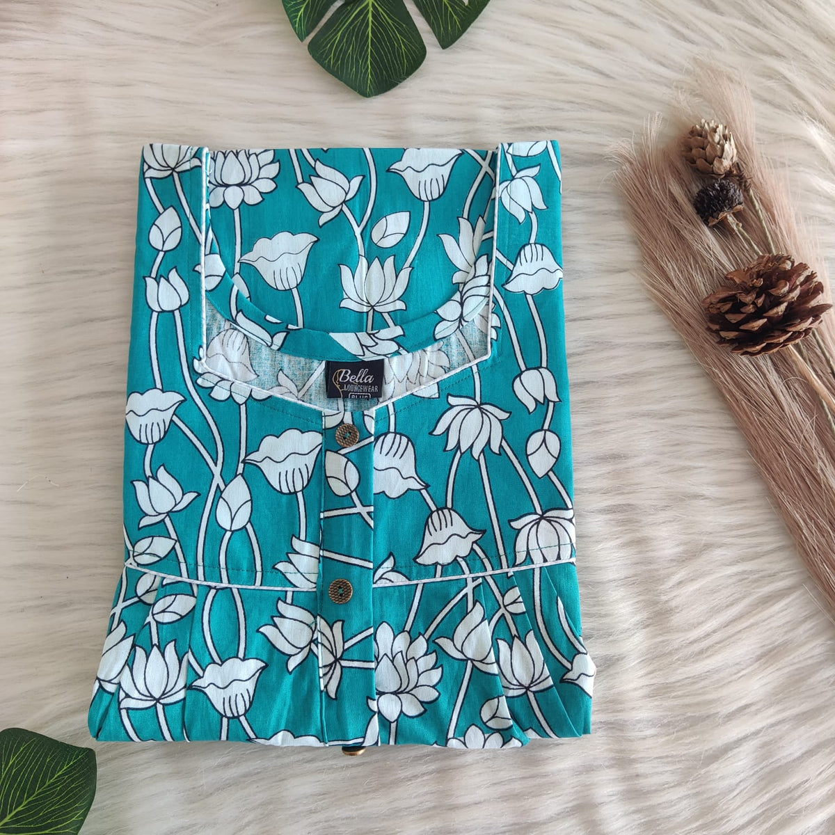 Blue And White Floral Printed Premium Cotton Plus Size Button Zip Nighty | Chest Width 50″| Length 55″-56″