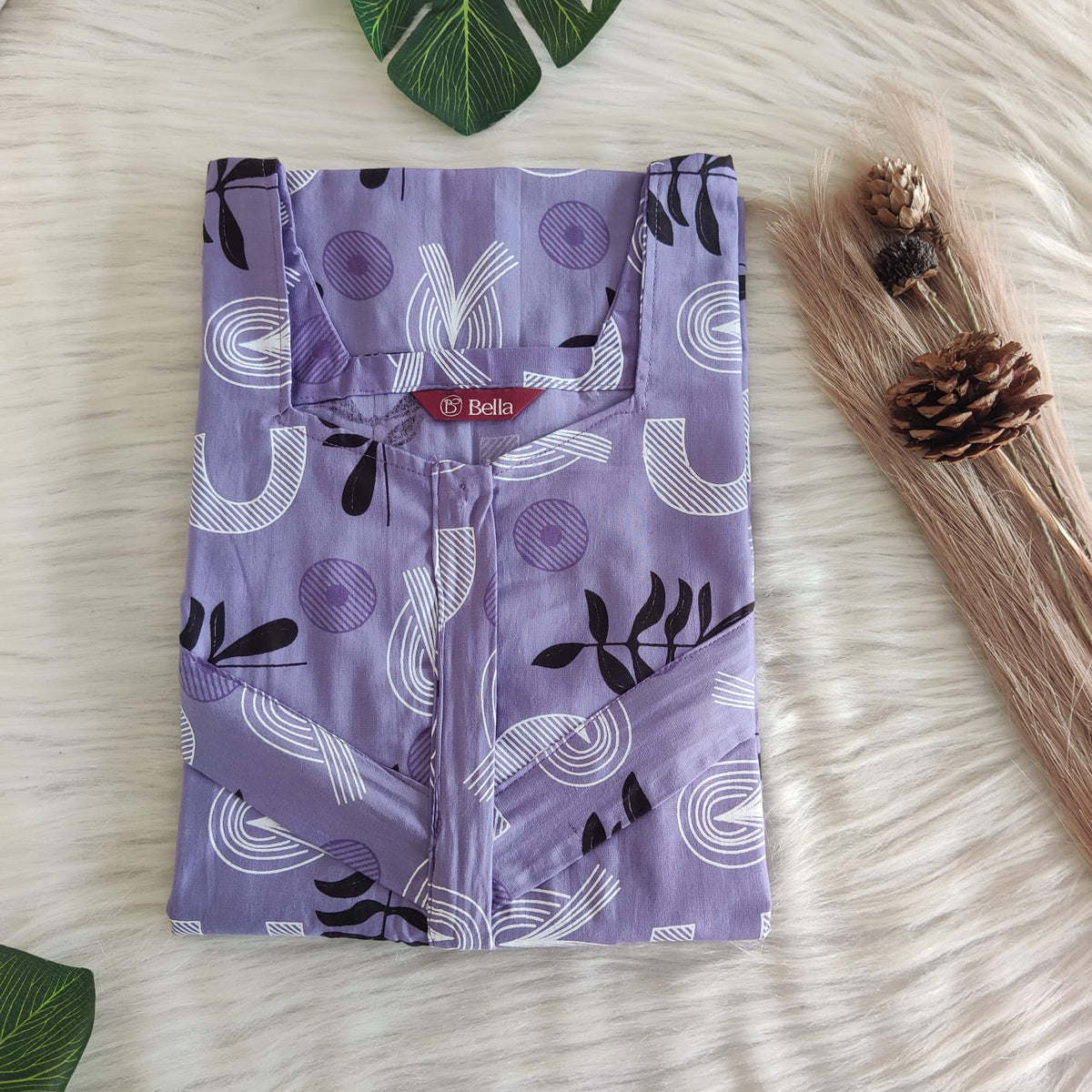 Lavender Printed Premium Cotton Horizontal Zip Feeding Nighty | Free Size | Chest Width 44″| Length 54″-56″|