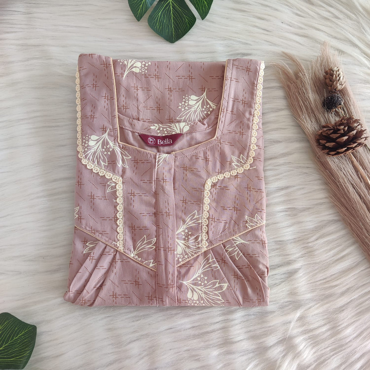 Yellow Floral Printed Mauve Premium Cotton Long Zip Lace Feeding Nighty | Free Size | Chest Width 44″| Length 56″