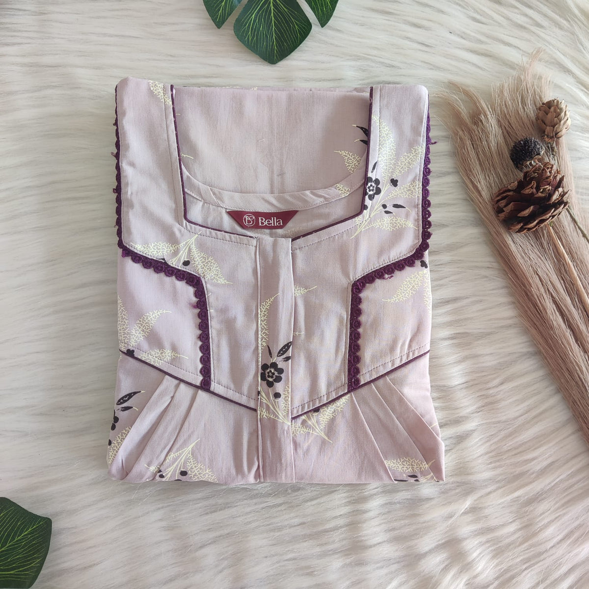 Lavender Printed Premium Cotton Long Zip Lace Feeding Nighty | Free Size | Chest Width 44″| Length 56″