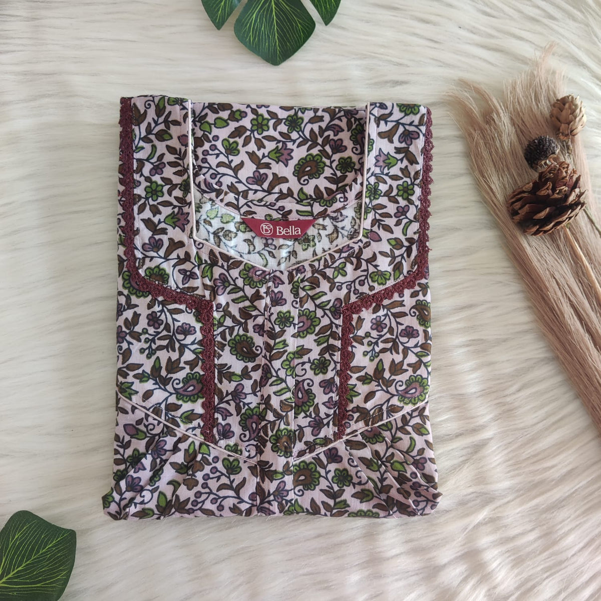 Green Floral Printed Mauve Premium Cotton Long Zip Lace Feeding Nighty | Free Size | Chest Width 44″| Length 56″