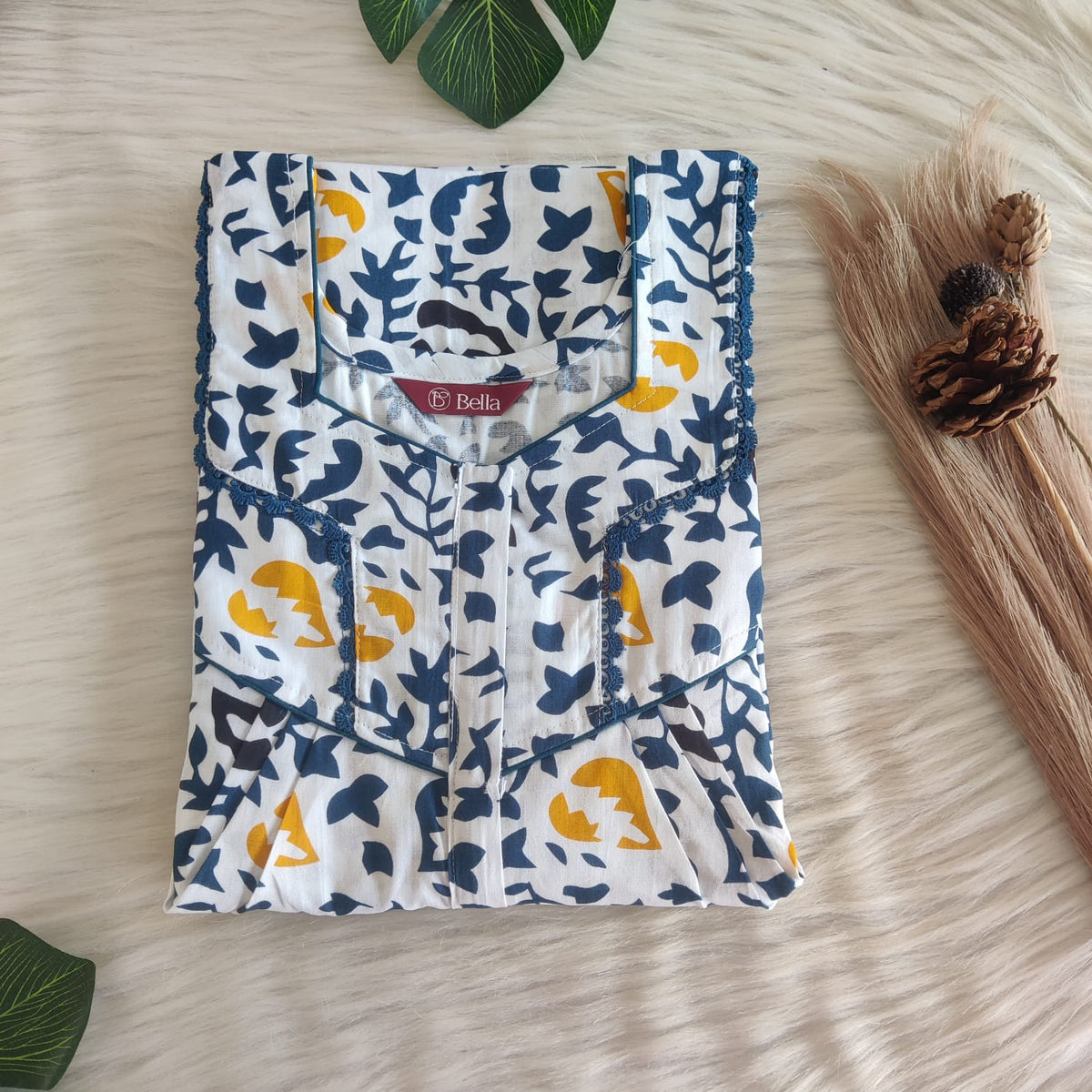 Royal Blue Printed White Printed Premium Cotton Long Zip Lace Feeding Nighty | Free Size | Chest Width 44″| Length 56″