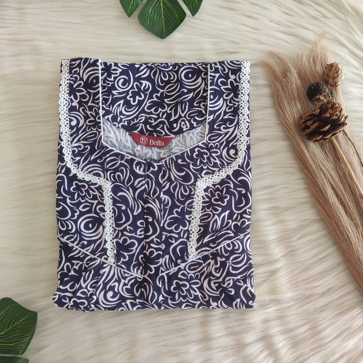 Navy Blue Printed Premium Cotton Long Zip Lace Feeding Nighty | Free Size | Chest Width 44″| Length 56″