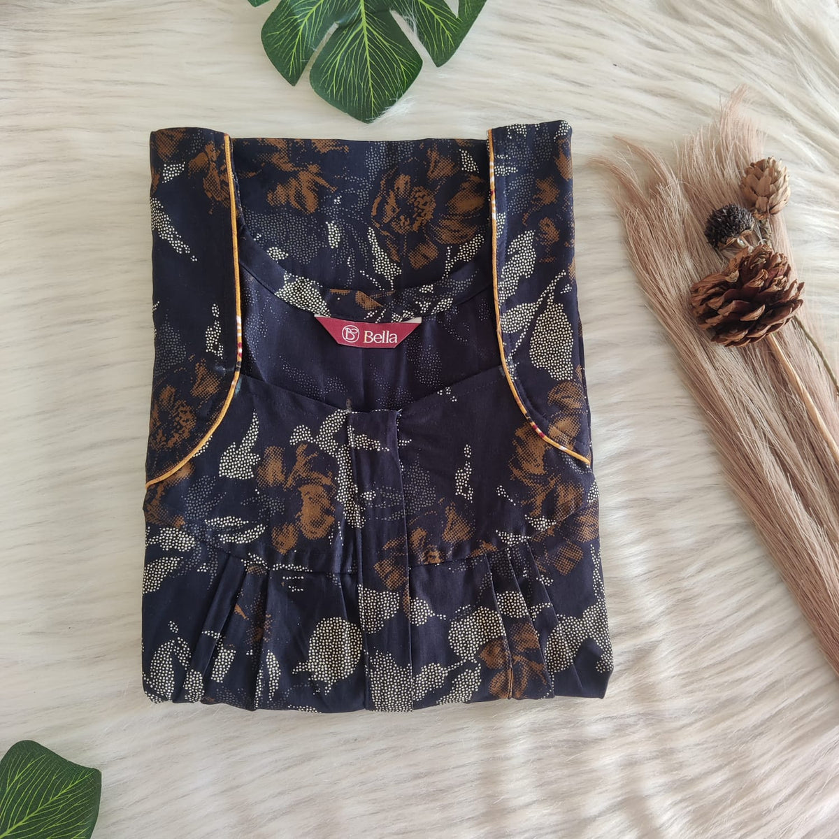 Cream Printed Navy Blue Printed Discharge Cotton Pleated Zip Nighty | Chest Width 44″ | Length 54″-55″