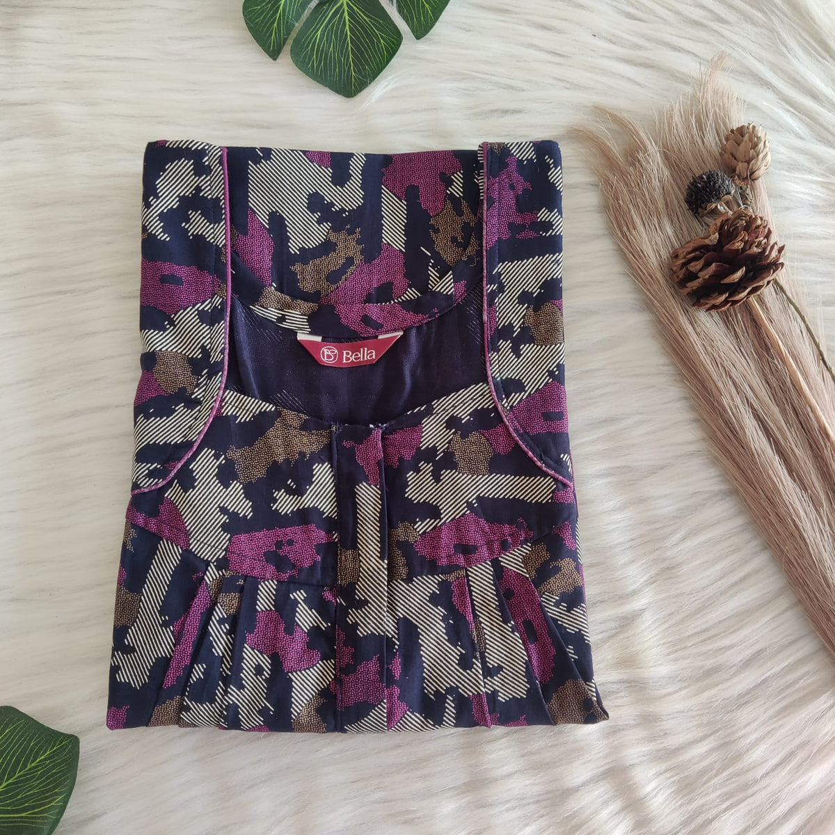 Pink Printed Navy Blue Discharge Cotton Pleated Zip Nighty | Chest Width 44″ | Length 54″-55″