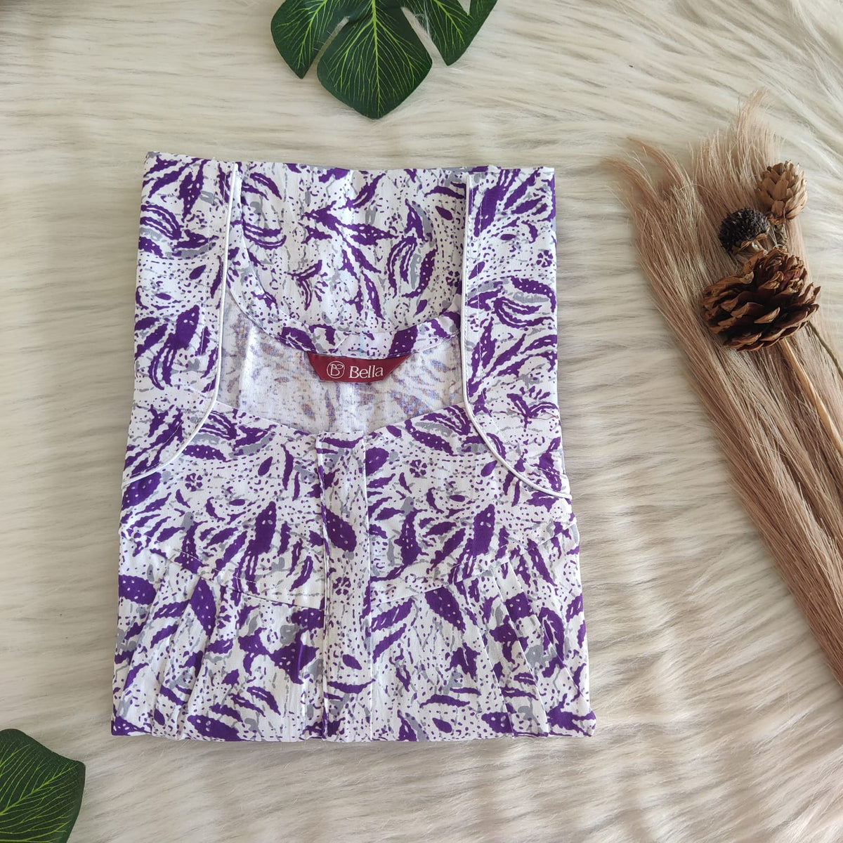 Violet Printed White Premium Cotton Pleated Zip Nighty | Free Size | Chest Width 44″| Length 54″-55″
