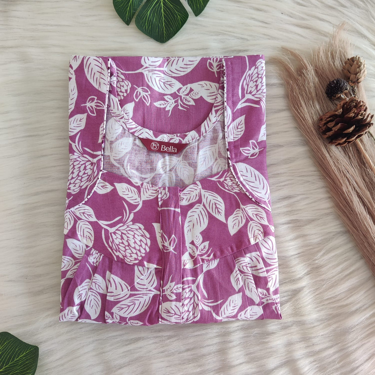 White Leaf Printed Mauve Premium Cotton Pleated Zip Nighty | Free Size | Chest Width 44″| Length 54″-55″