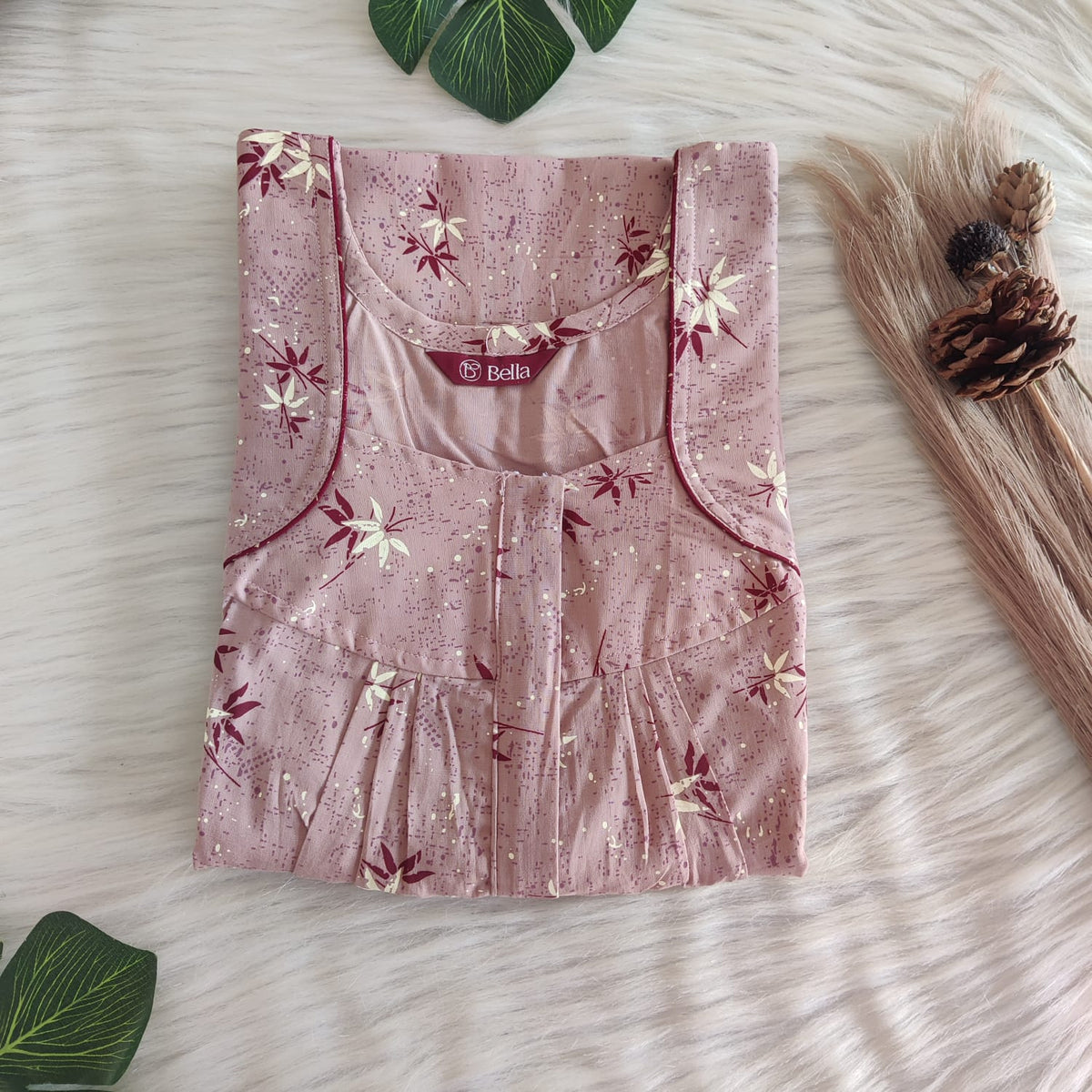 Pastel Mauve Printed Premium Cotton Pleated Zip Nighty | Free Size | Chest Width 44″| Length 54″-55″