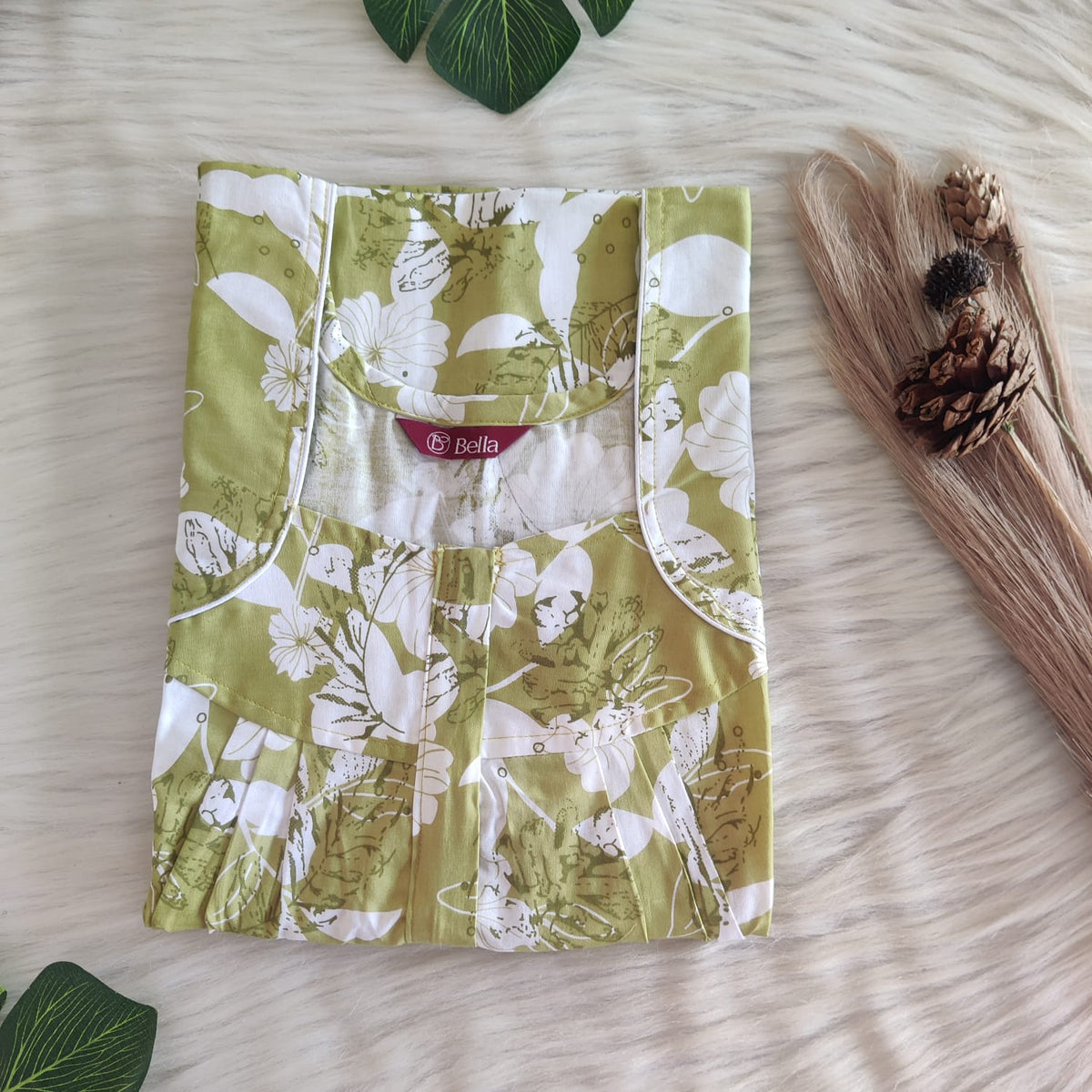 White Floral Printed Green Premium Cotton Pleated Zip Nighty | Free Size | Chest Width 44″| Length 54″-55″