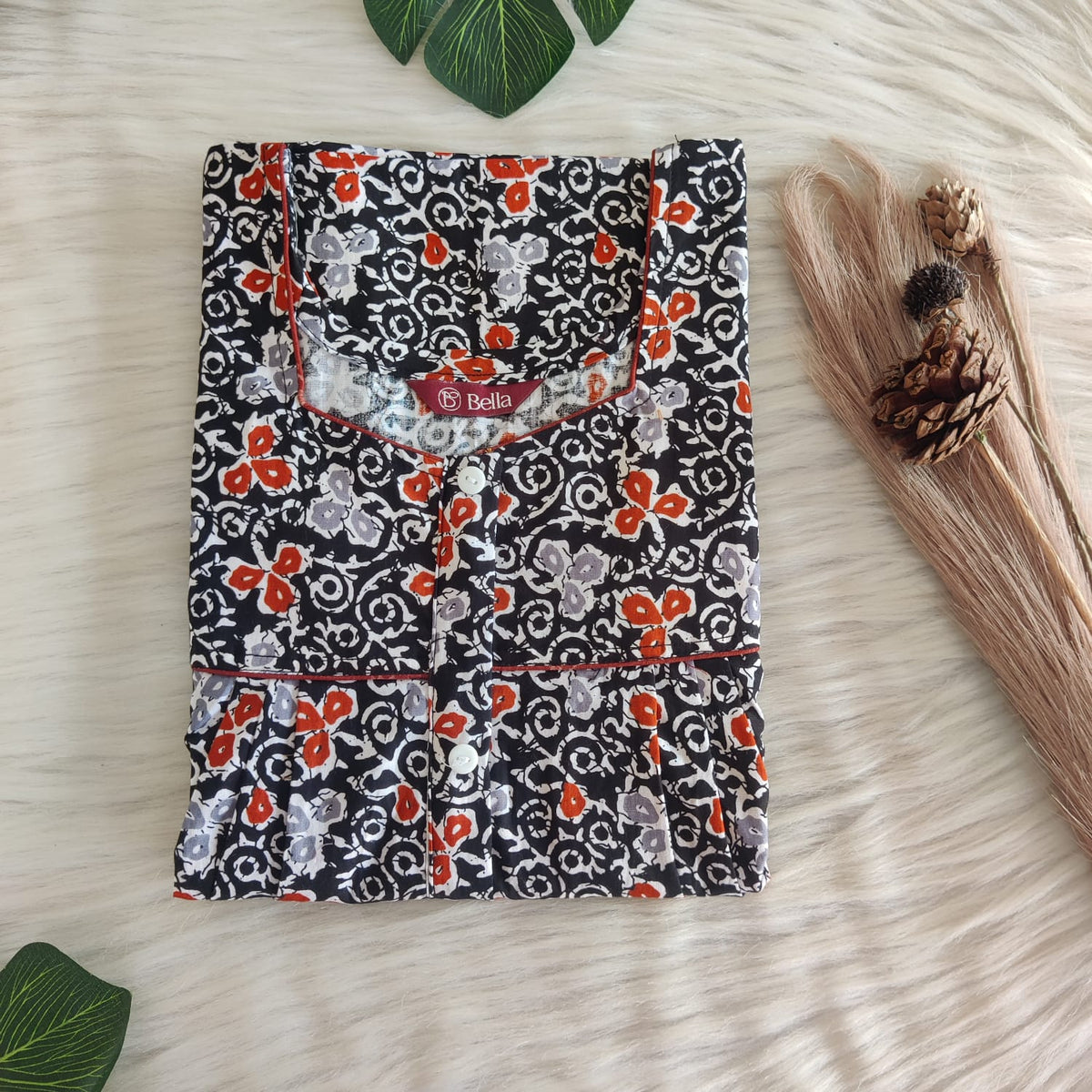 Orange Floral Printed Black Premium Cotton Button Zip Nighty | Free Size | Chest Width 44″| Length 55″-56″