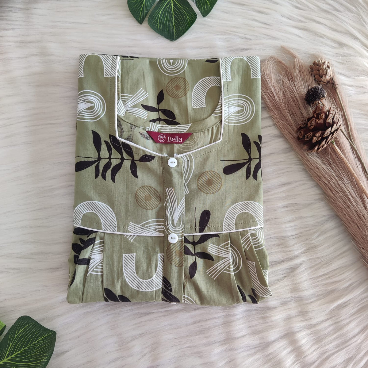 Black Leaf Printed Pastel Green Premium Cotton Button Zip Nighty | Free Size | Chest Width 44″| Length 55″-56″