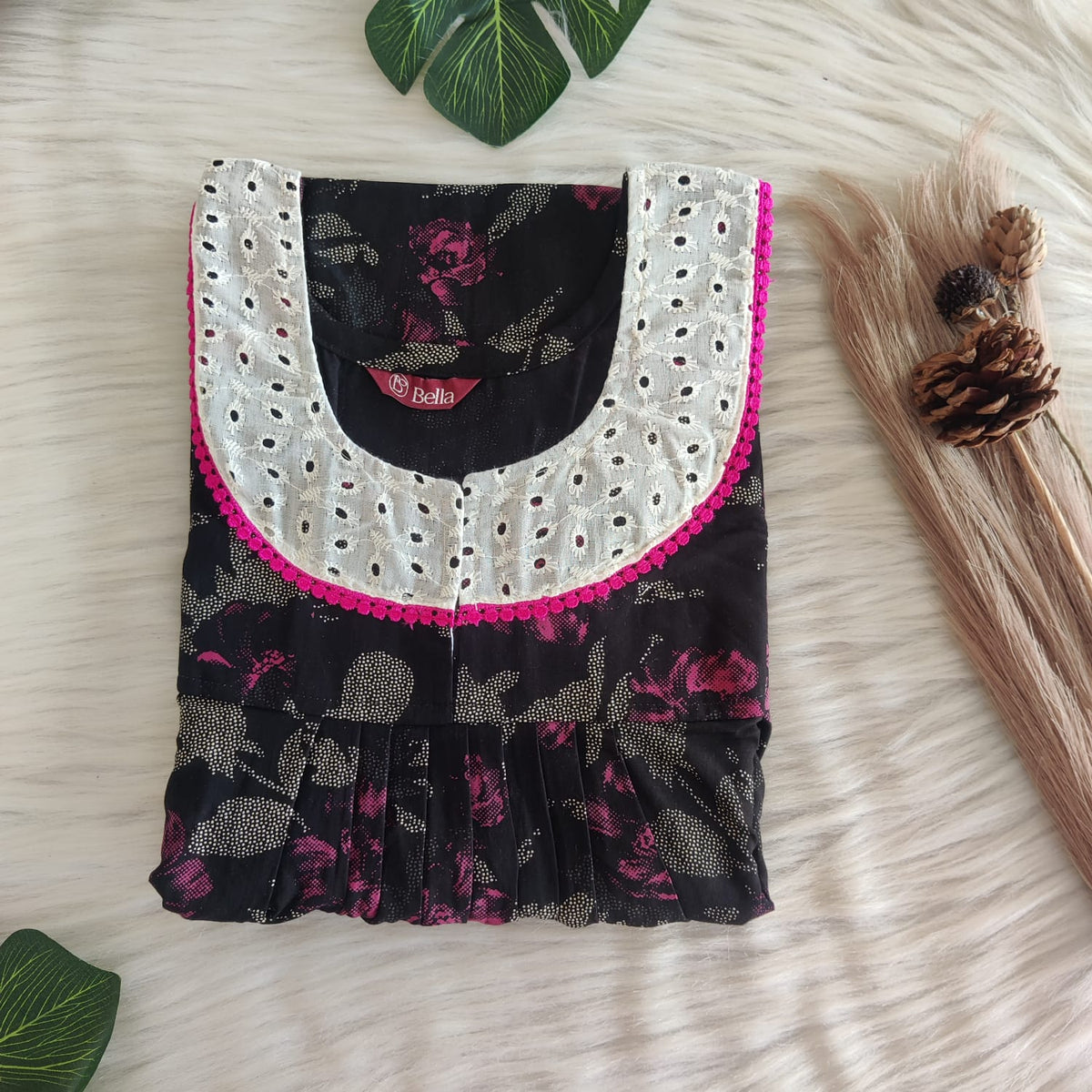 Pink Printed Black Discharge Cotton Hakoba Lace Nighty | Free Size | Chest Width 44″| Length 54″-56″