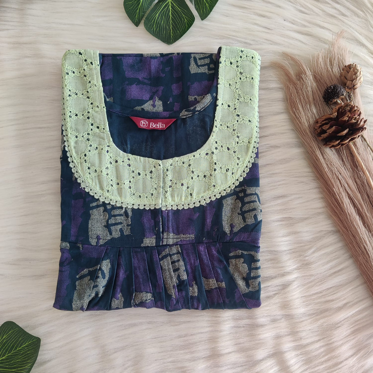 Violet Printed Navy Blue Discharge Cotton Hakoba Lace Nighty | Free Size | Chest Width 44″| Length 54″-56″