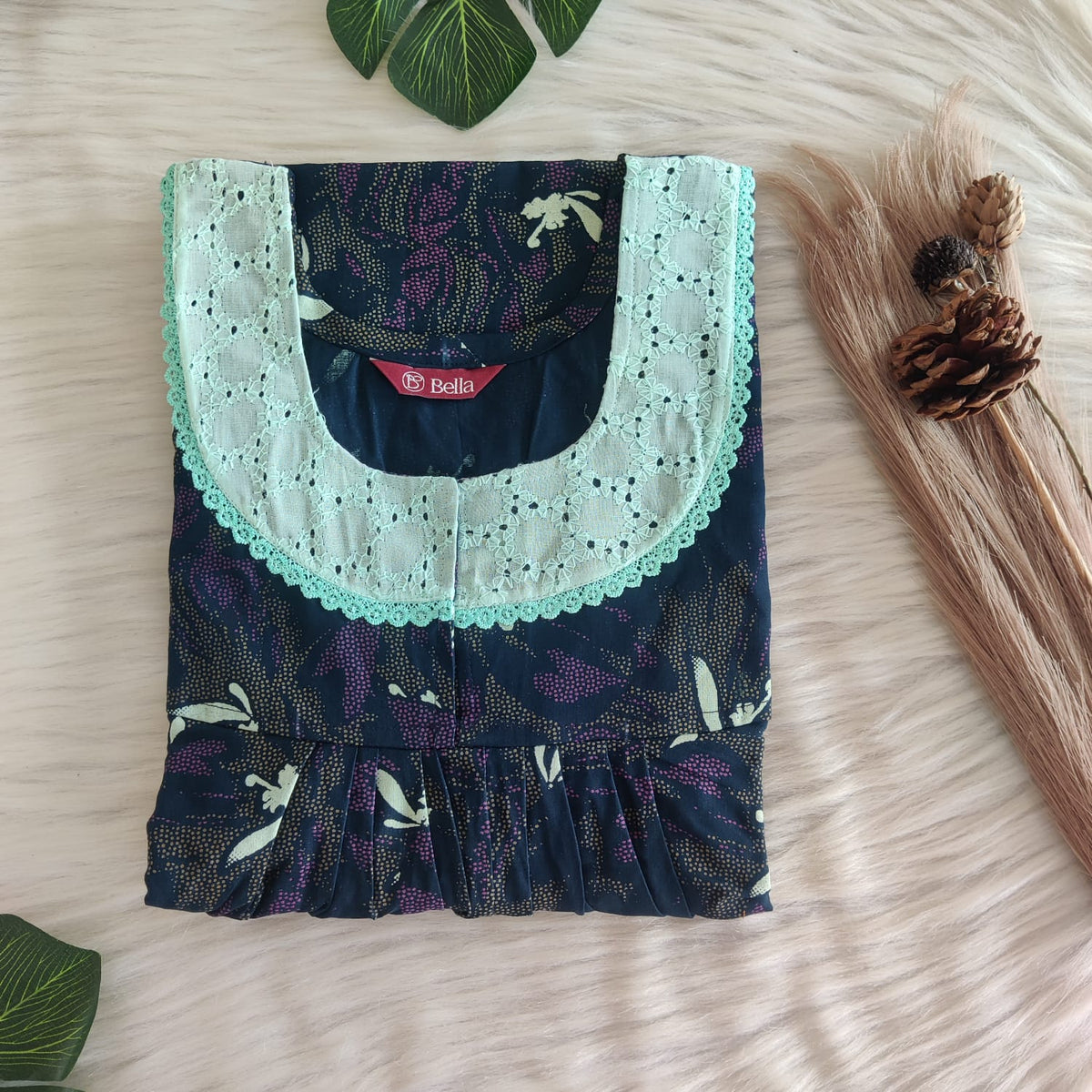 Green Printed Navy Blue Discharge Cotton Hakoba Lace Nighty | Free Size | Chest Width 44″| Length 54″-56″