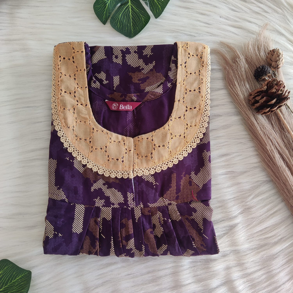 Cream Printed Wine Discharge Cotton Hakoba Lace Nighty | Free Size | Chest Width 44″| Length 54″-56″