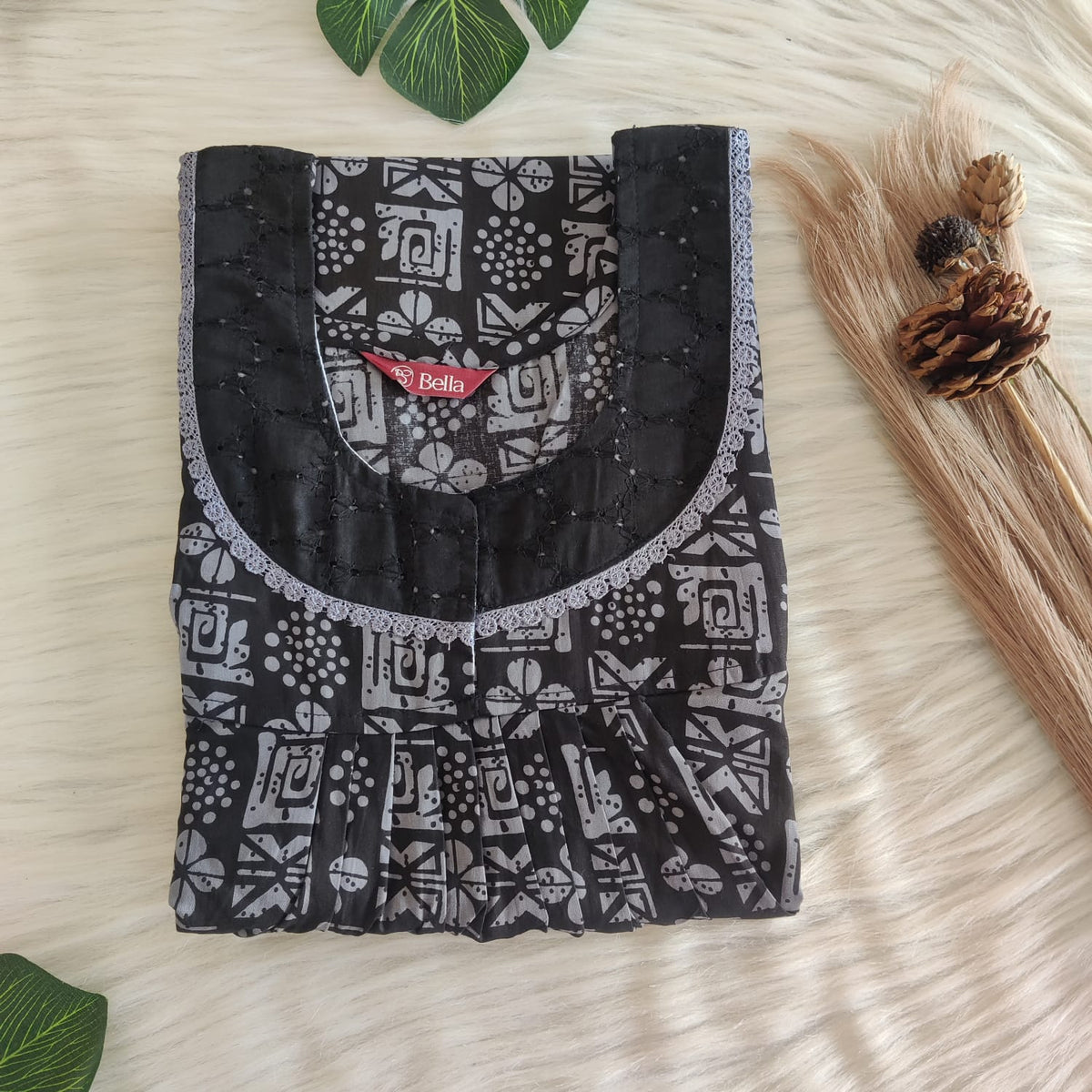 Grey Printed Black Premium Cotton Hakoba Lace Nighty | Free Size | Chest Width 44″| Length 54″-56″