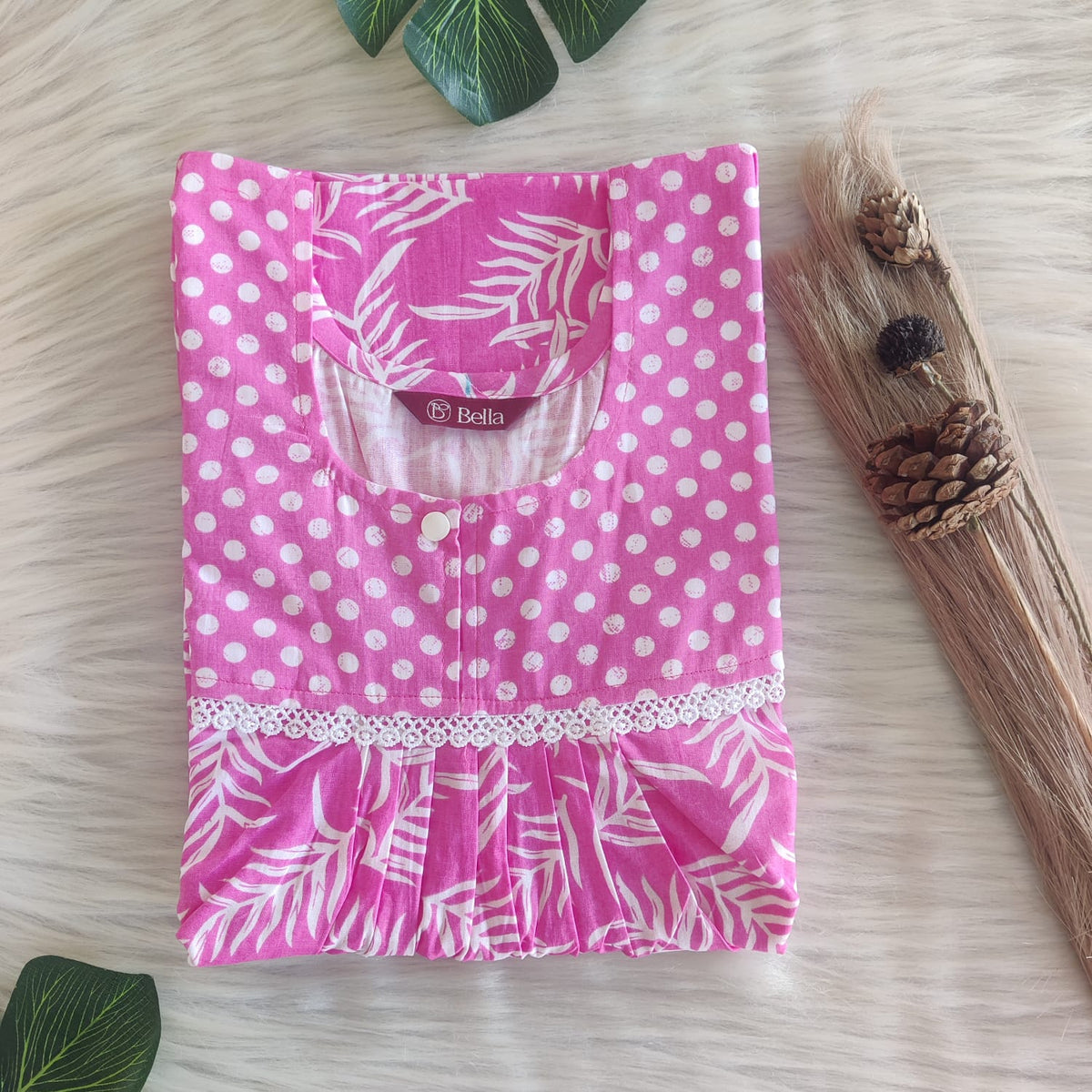 White And Pink Printed Premium Cotton Lace Nighty | Free Size | Chest Width 44″| Length 54″-56″