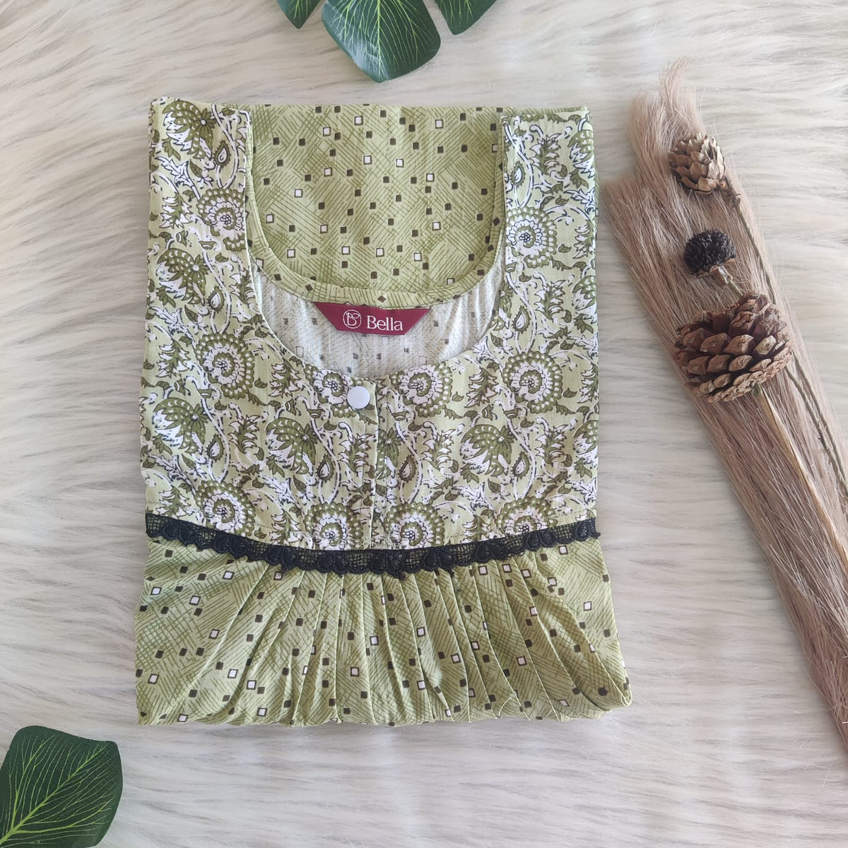 White And Green Printed Premium Cotton Lace Nighty | Free Size | Chest Width 44″| Length 54″-56″