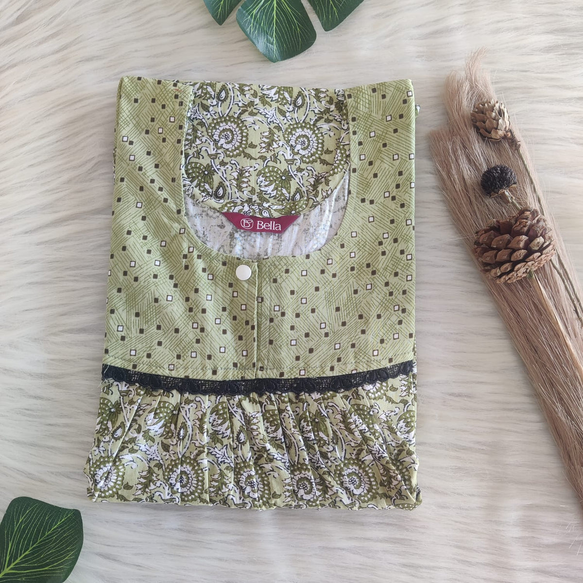 Green And White Printed Premium Cotton Lace Nighty | Free Size | Chest Width 44″| Length 54″-56″