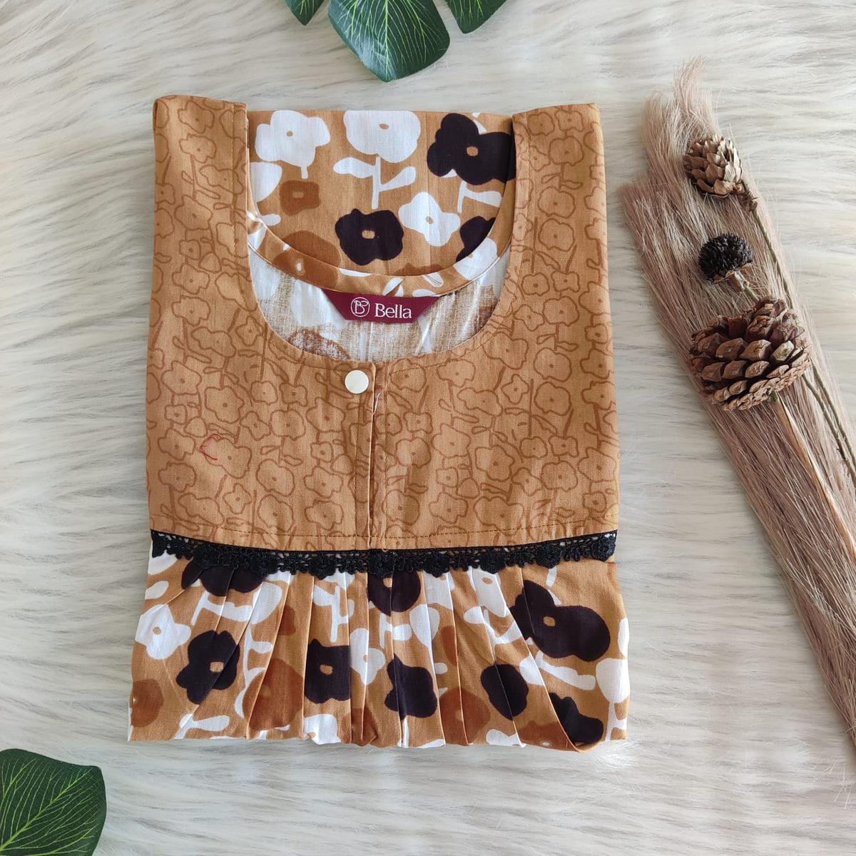 Pale And Dark Brown Floral Printed Premium Cotton Lace Nighty | Free Size | Chest Width 44″| Length 54″-56″