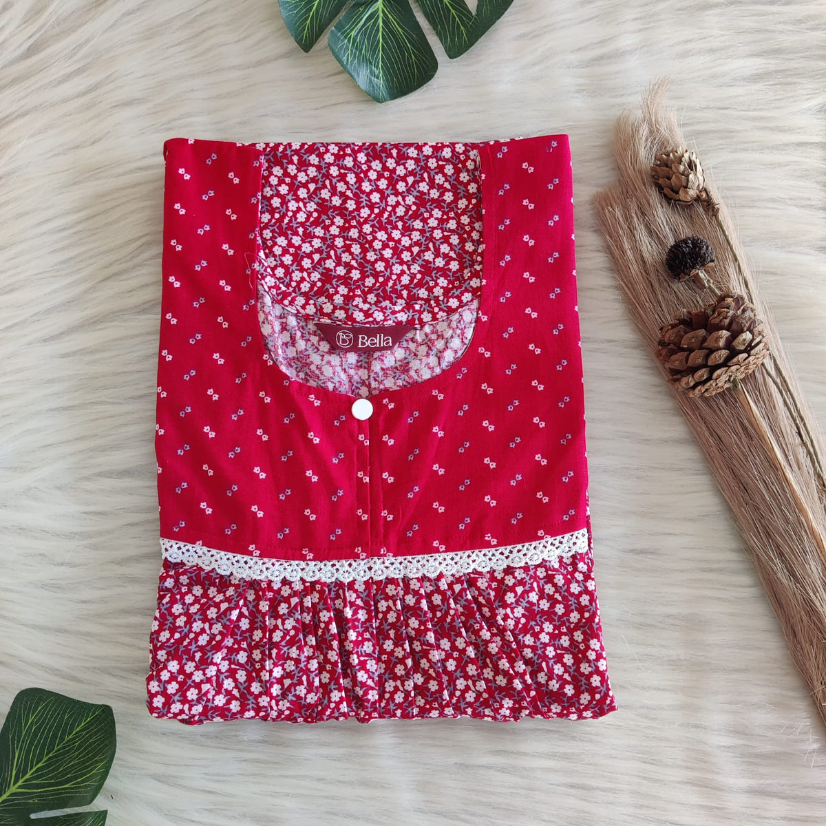 Red And White Floral Printed Premium Cotton Lace Nighty | Free Size | Chest Width 44″| Length 54″-56″