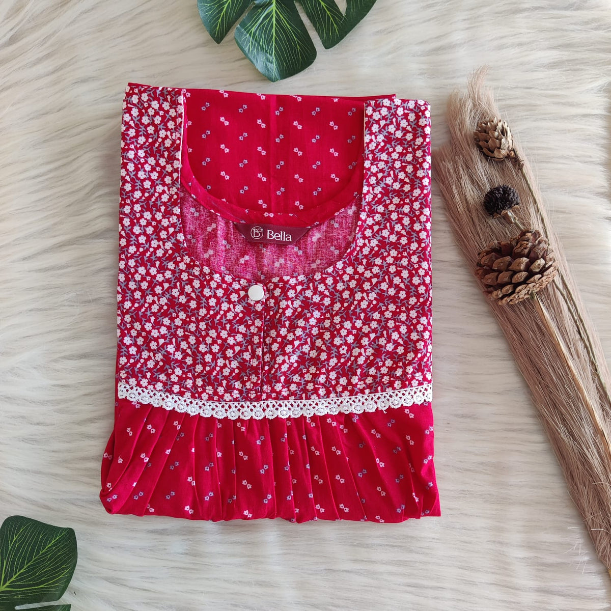 White And Red Printed Premium Cotton Lace Nighty | Free Size | Chest Width 44″| Length 54″-56″