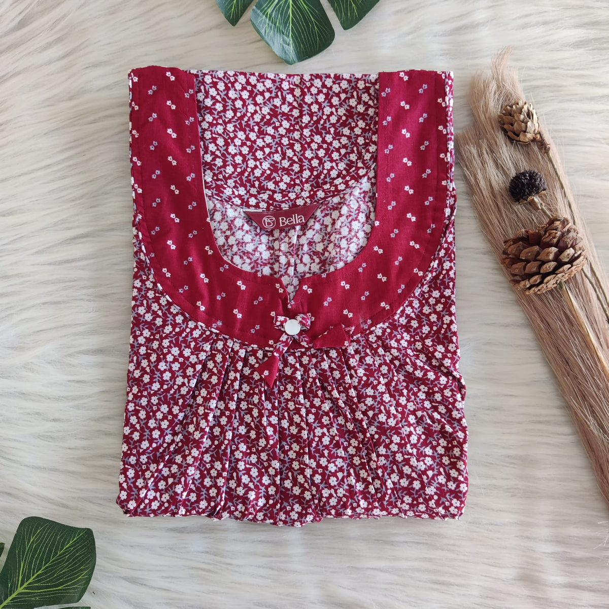 Maroon And White Floral Printed Premium Cotton No Zip Pleated Nighty | Free Size | Chest Width 44″| Length 55″-56″