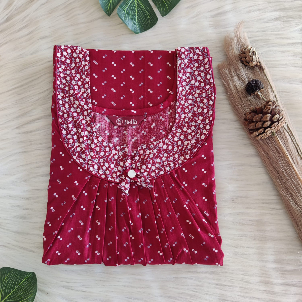 White And Maroon Printed Premium Cotton No Zip Pleated Nighty | Free Size | Chest Width 44″| Length 55″-56″