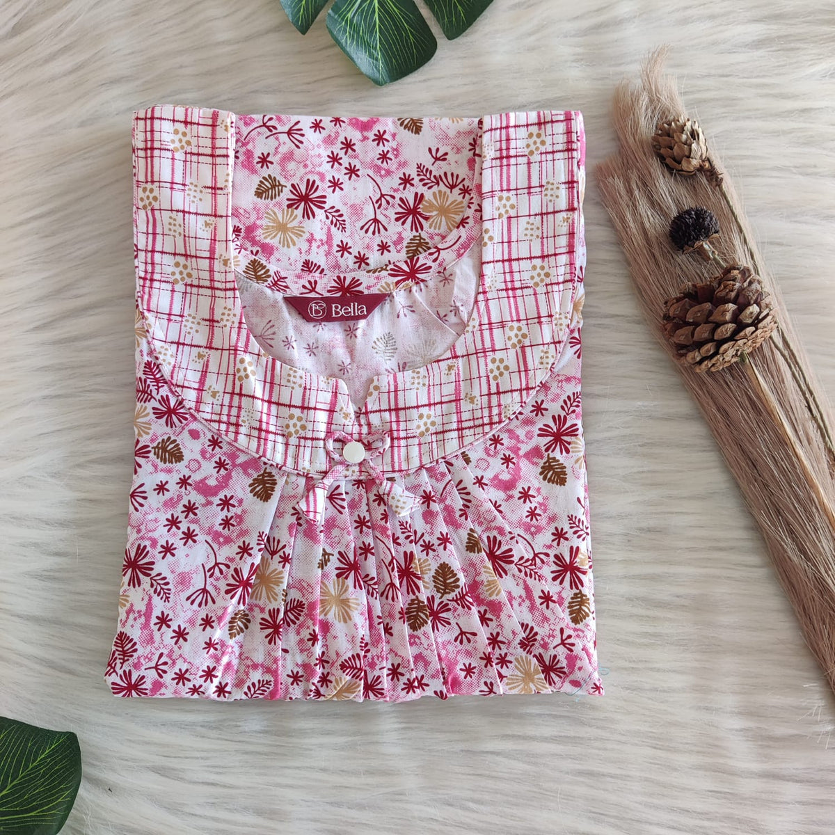 White And Pink Floral Printed Premium Cotton No Zip Pleated Nighty | Free Size | Chest Width 44″| Length 55″-56″