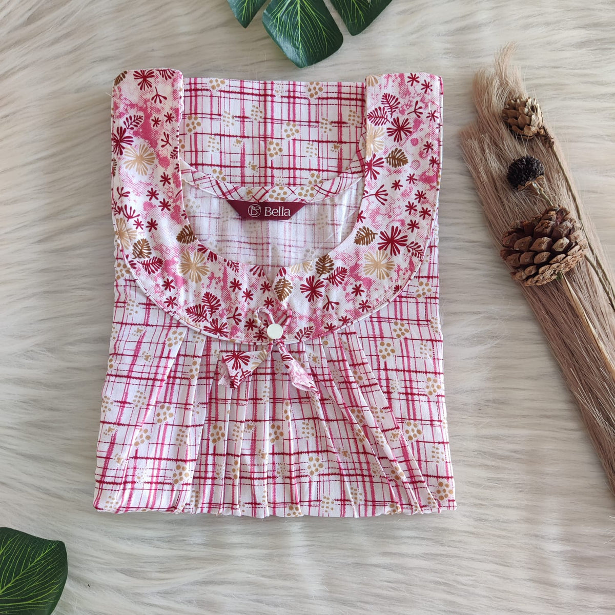 Pink And White Check Printed Premium Cotton No Zip Pleated Nighty | Free Size | Chest Width 44″| Length 55″-56″