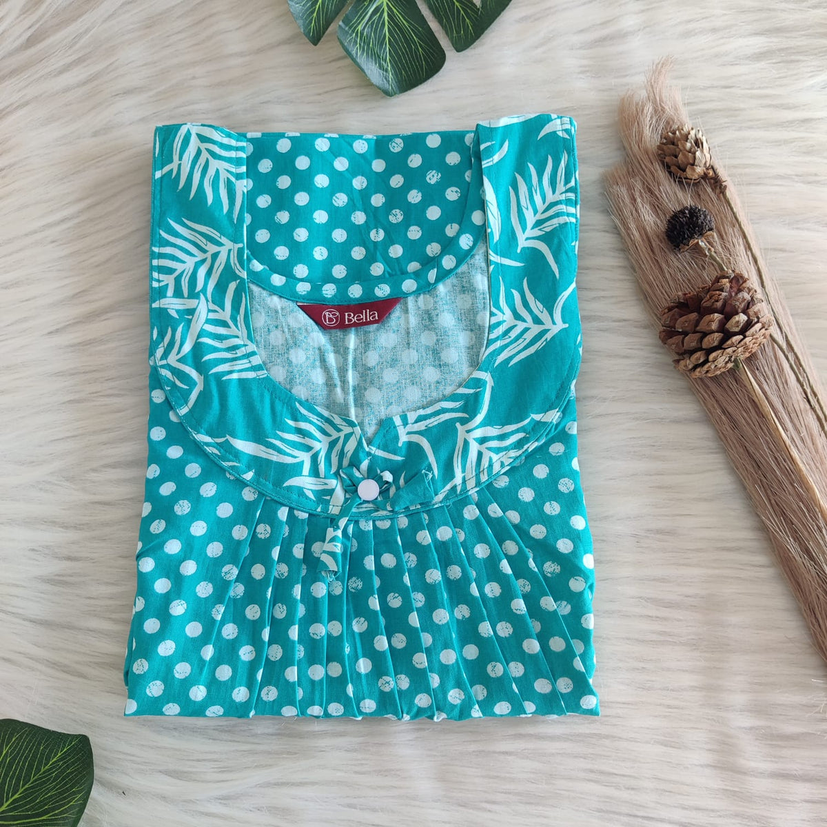 Aqua Blue And White Dot Printed Premium Cotton No Zip Pleated Nighty | Free Size | Chest Width 44″| Length 55″-56″