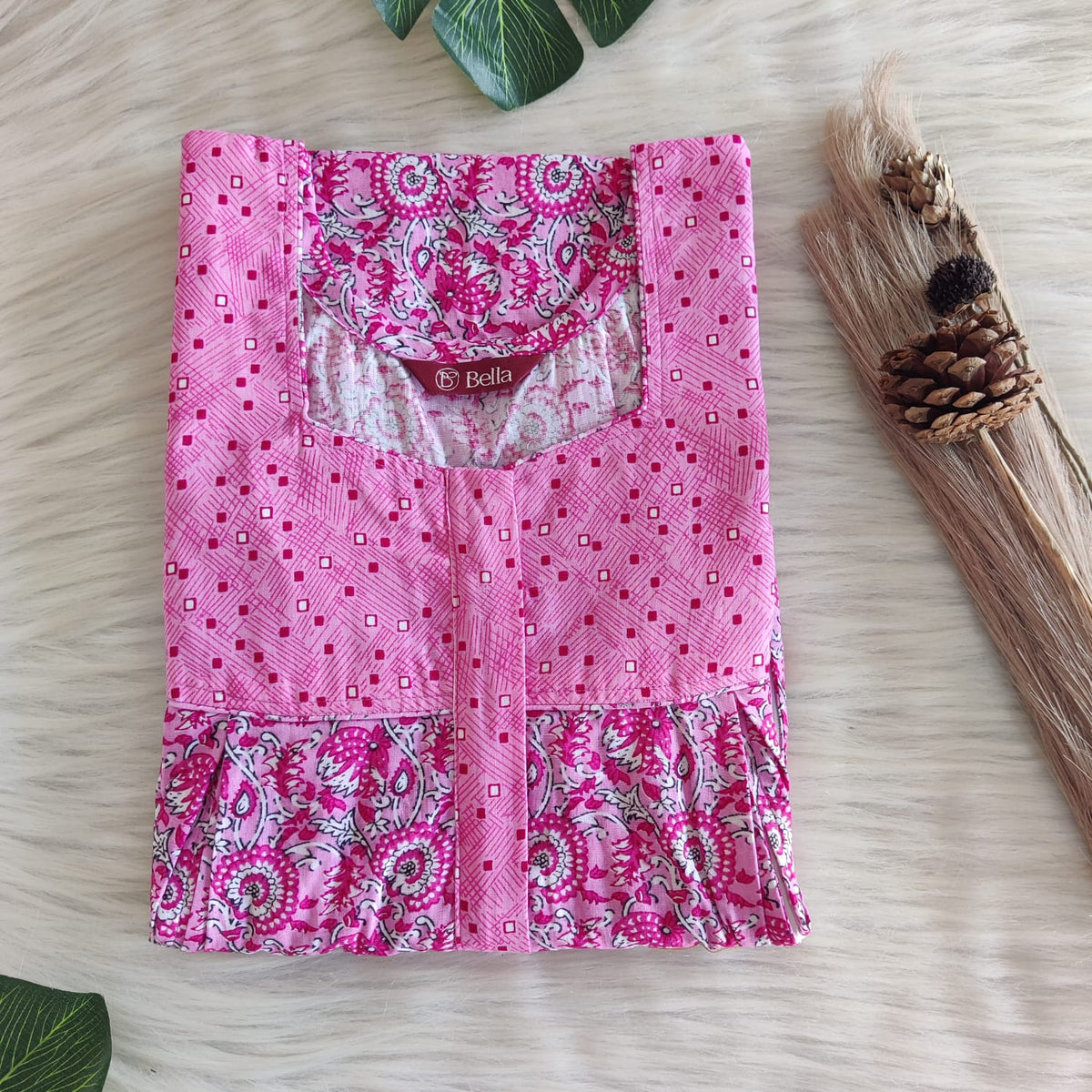 Pink And White Printed Premium Cotton Pleated Vertical Zip Feeding Nighty | Free Size | Chest Width 44″| Length 54″-56″