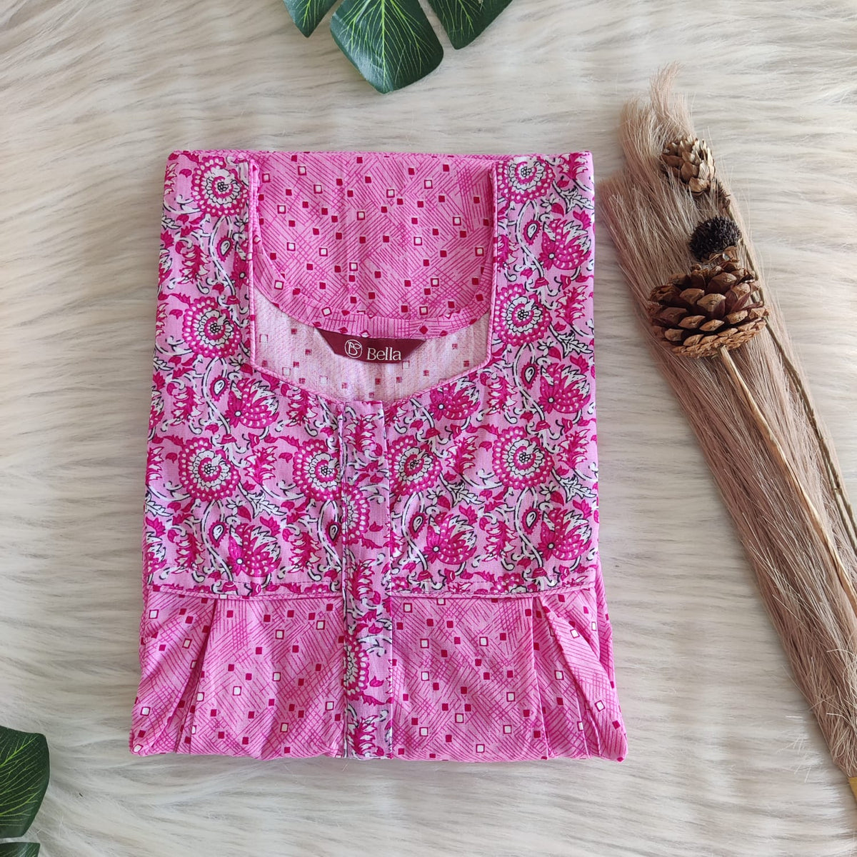 White And Pink Printed Premium Cotton Pleated Vertical Zip Feeding Nighty | Free Size | Chest Width 44″| Length 54″-56″