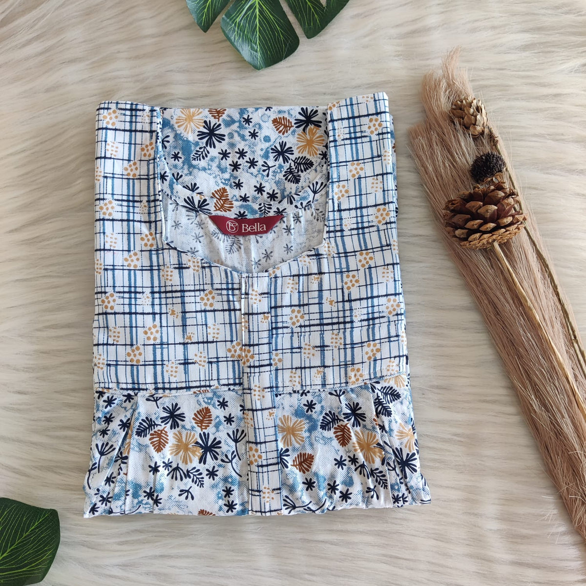 White And Blue Floral Printed Premium Cotton Pleated Vertical Zip Feeding Nighty | Free Size | Chest Width 44″| Length 54″-56″