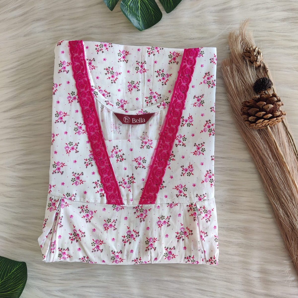 Pink Floral  Printed White Premium Cotton Two Side Vertical Lace Zip Feeding Nighty | Free Size | Chest Width 44″| Length 56″