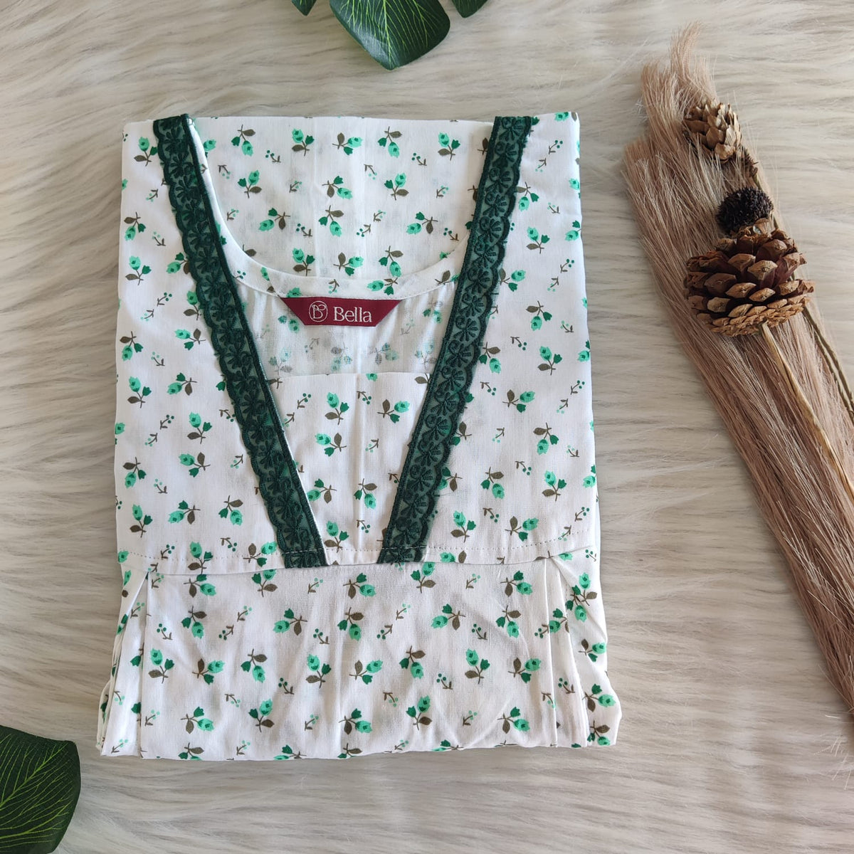 Green Floral Printed White Premium Cotton Two Side Vertical Lace Zip Feeding Nighty | Free Size | Chest Width 44″| Length 56″