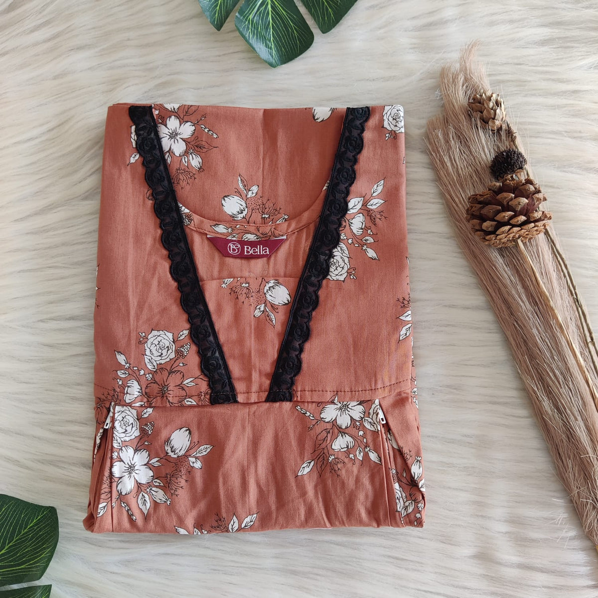 Brown Printed Discharge Cotton Two Side Vertical Lace Zip Feeding Nighty | Free Size | Chest Width 44″| Length 56″