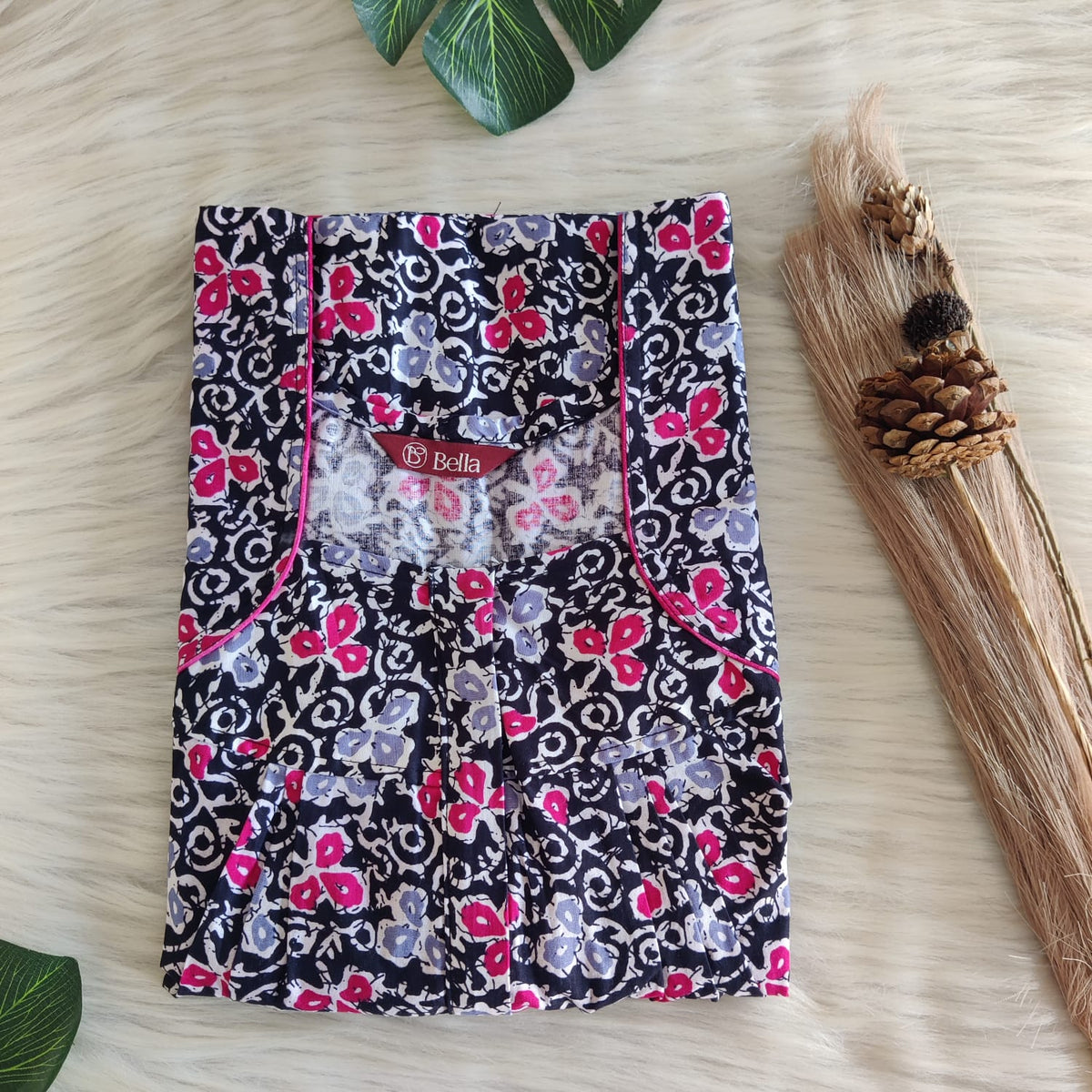 Pink Floral Printed Black Premium Cotton Pleated Zip Nighty | Free Size | Chest Width 44″| Length 54″-55″