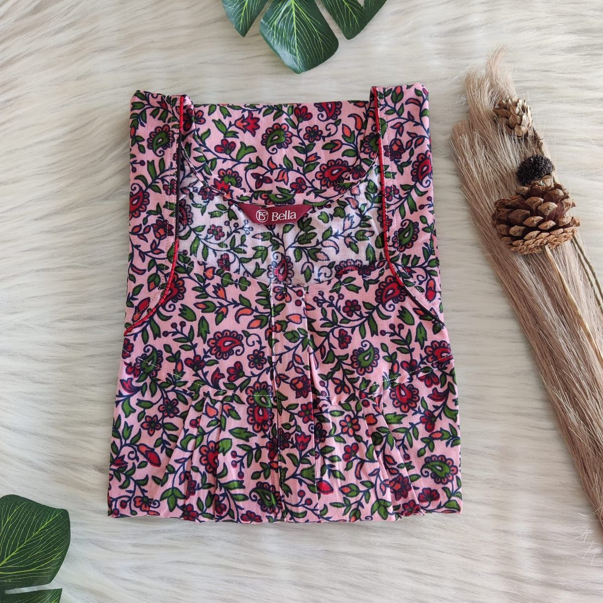 Green Leaf Printed Peach Premium Cotton Pleated Zip Nighty | Free Size | Chest Width 44″| Length 54″-55″